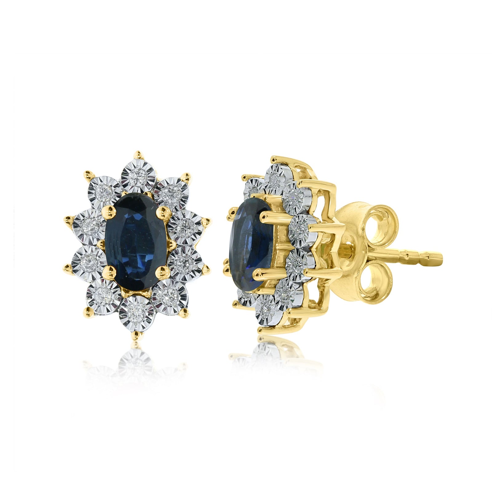9ct gold 5x3mm oval sapphire & miracle plate diamond cluster stud earrings 0.07ct