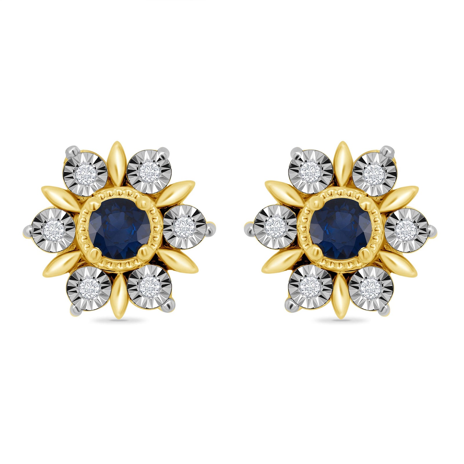 9ct gold 2mm round sapphire & miracle plate diamond cluster stud earrings 0.04ct