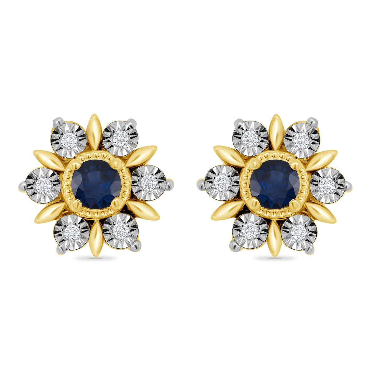 9ct gold 2mm round sapphire &amp; miracle plate diamond cluster stud earrings 0.04ct