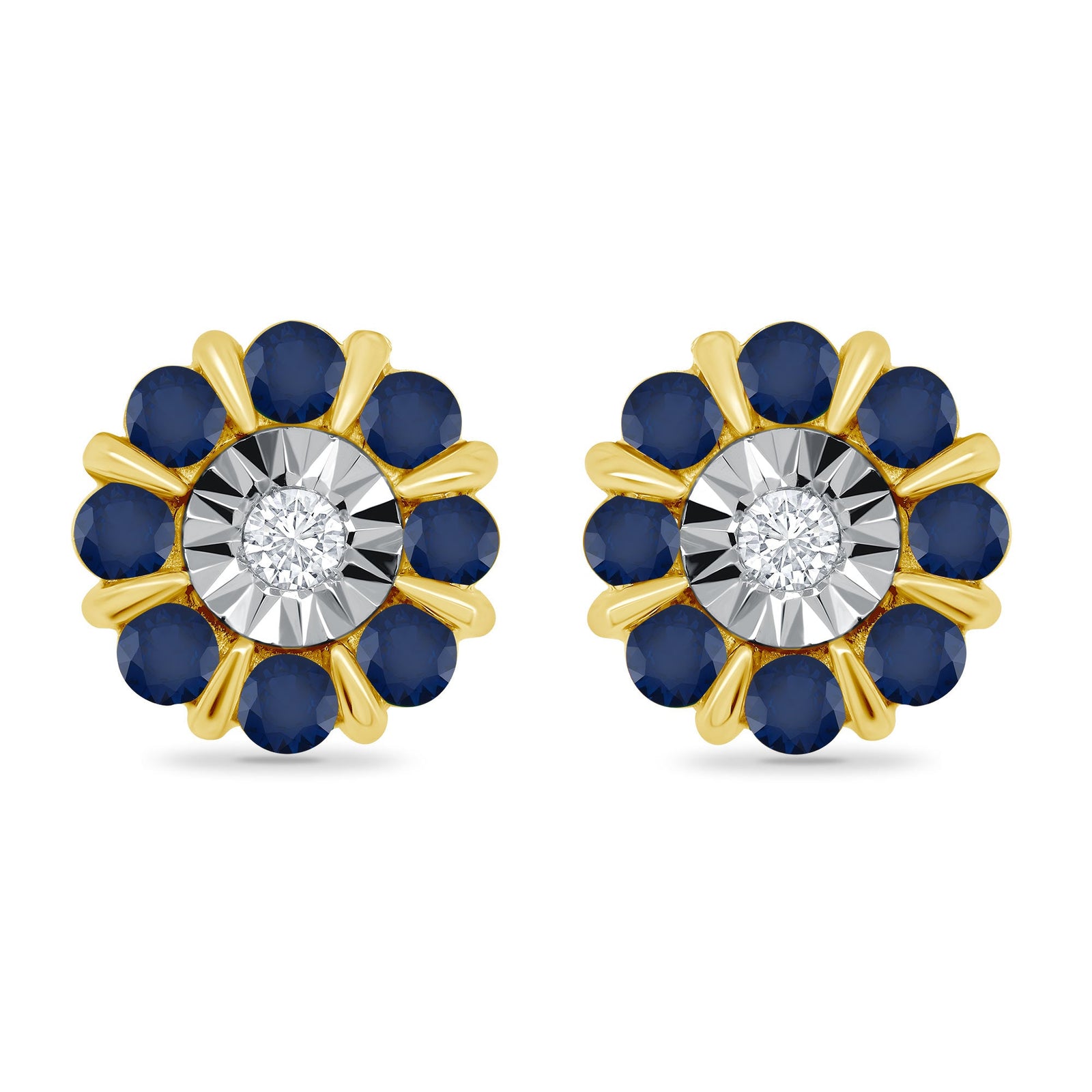 9ct gold miracle plate diamond & 1.25mm round sapphire cluster stud earrings 0.02ct