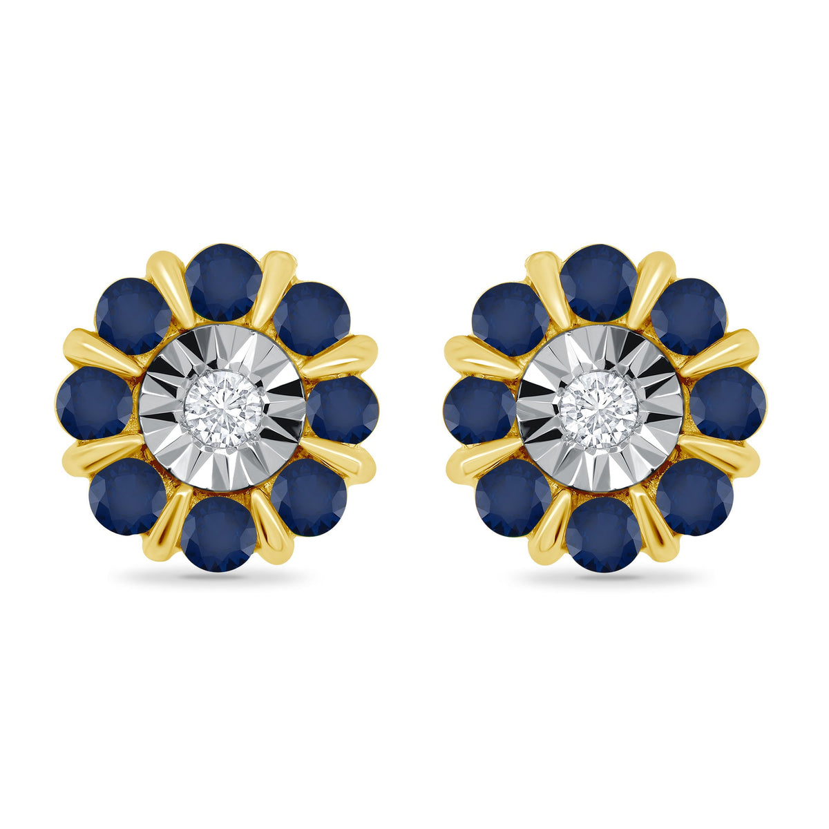 9ct gold miracle plate diamond &amp; 1.25mm round sapphire cluster stud earrings 0.02ct