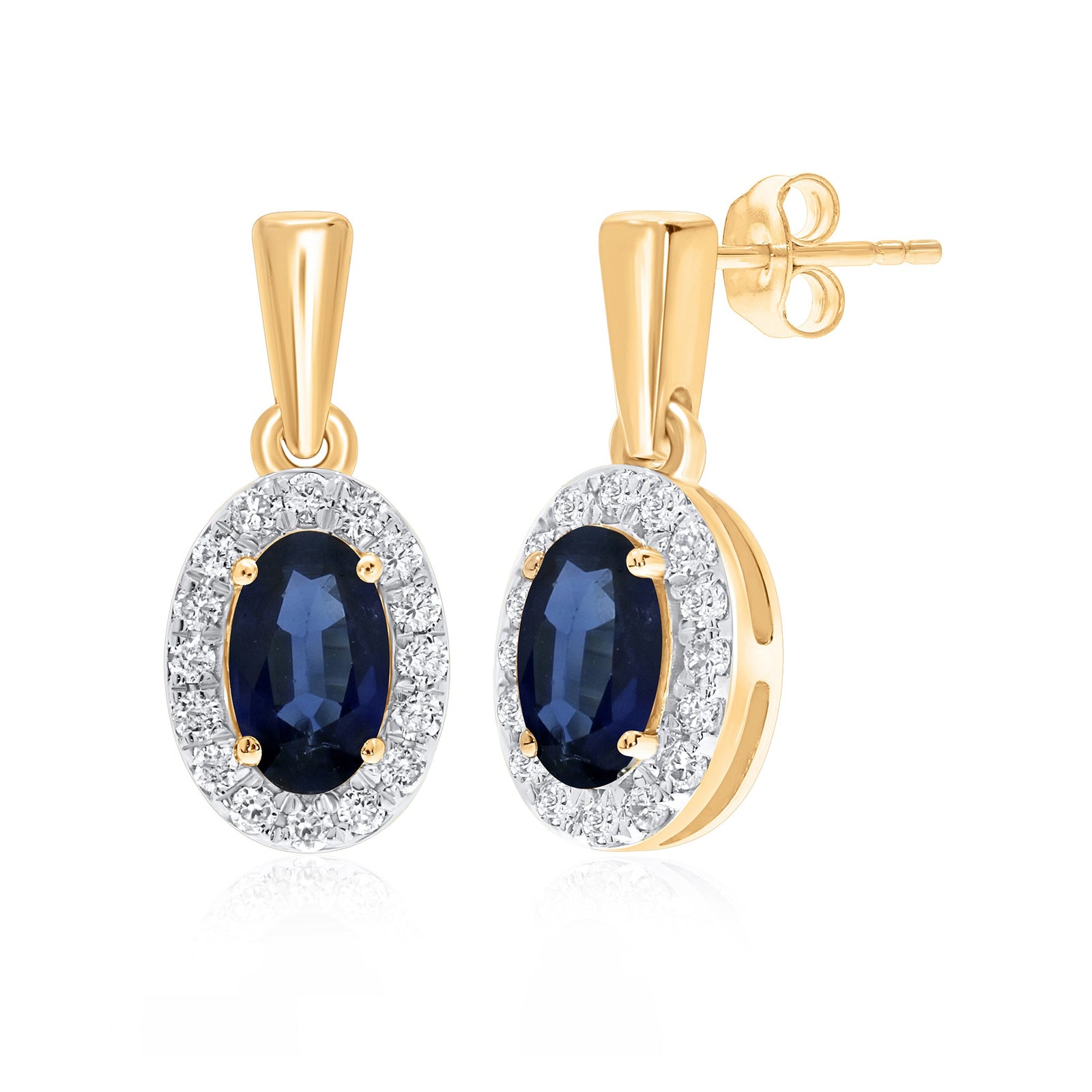 9ct gold 5x3mm oval sapphire & diamond cluster drop earrings 0.14ct
