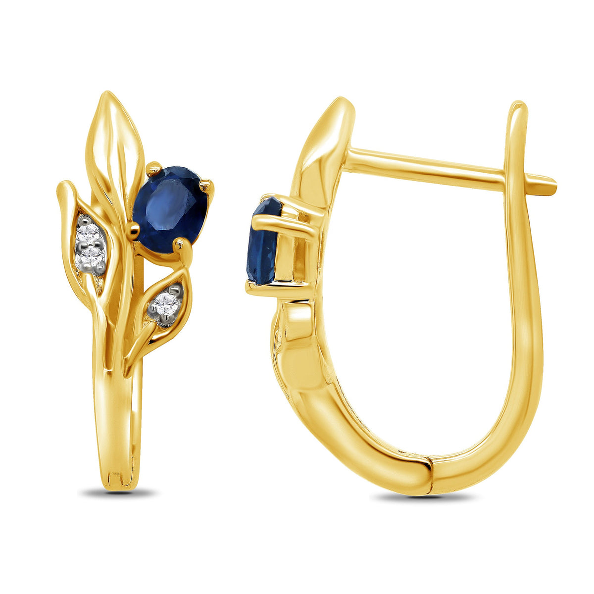 9ct gold 4x3mm oval sapphire &amp; diamond set leaf huggy earrings 0.03ct
