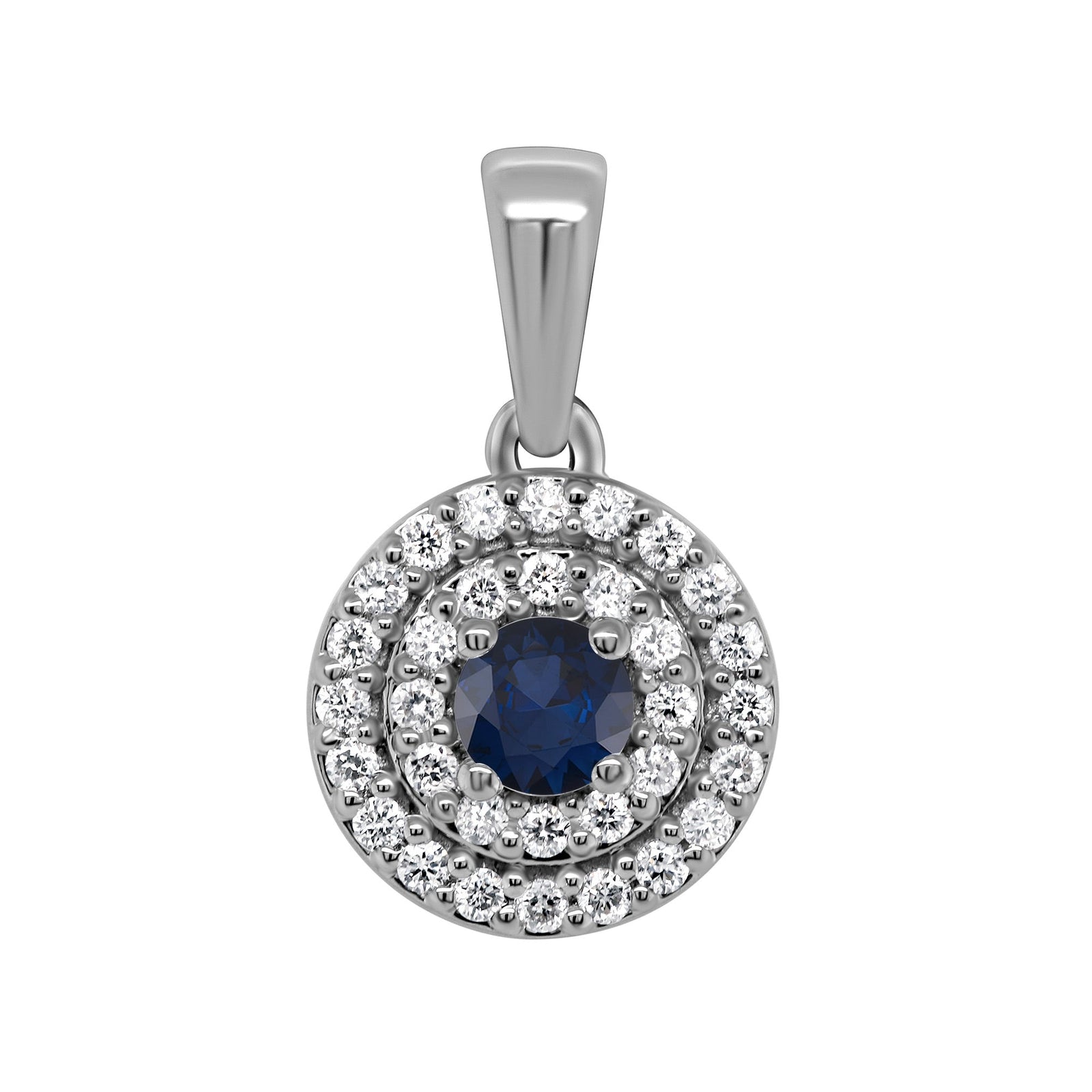 9ct white gold 3.00mm sapphire & two row diamond halo cluster pendant 0.13ct