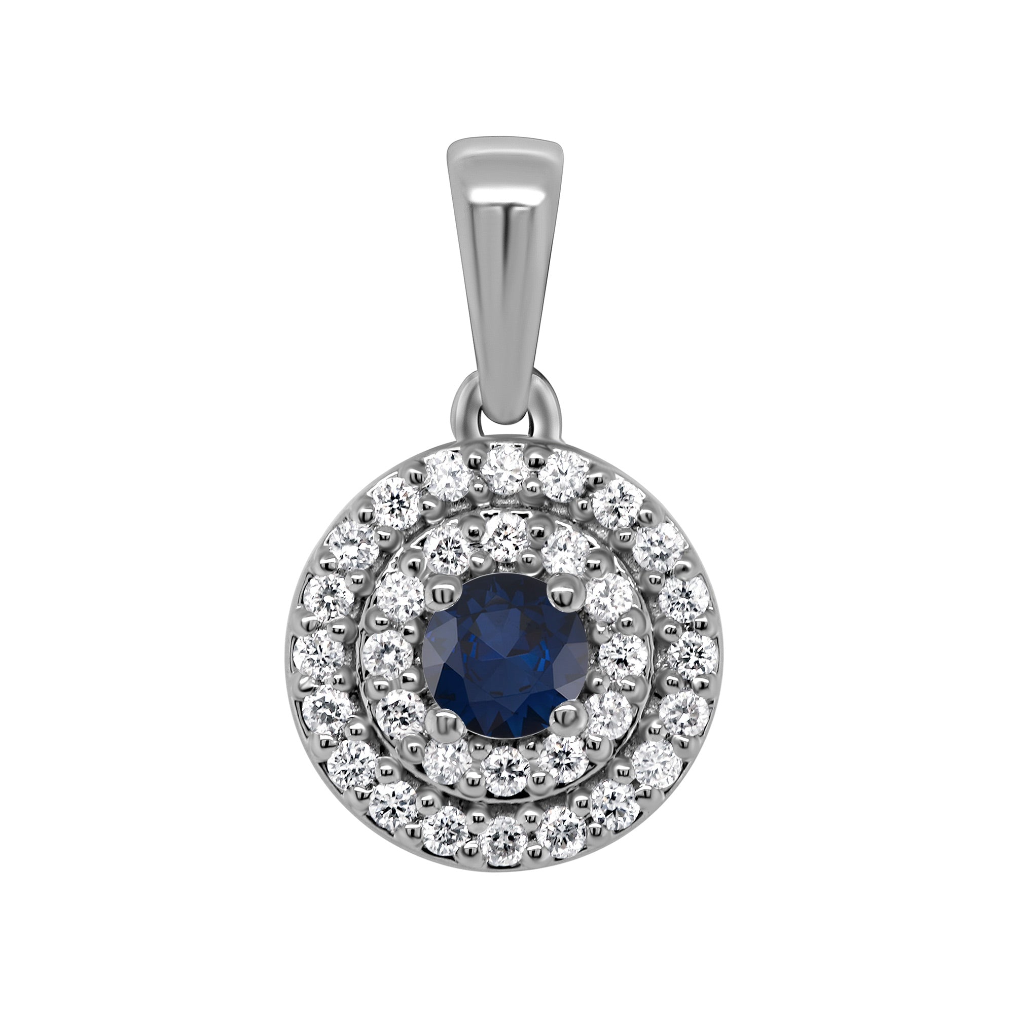 9ct white gold 3.00mm sapphire & two row diamond halo cluster pendant 0.13ct