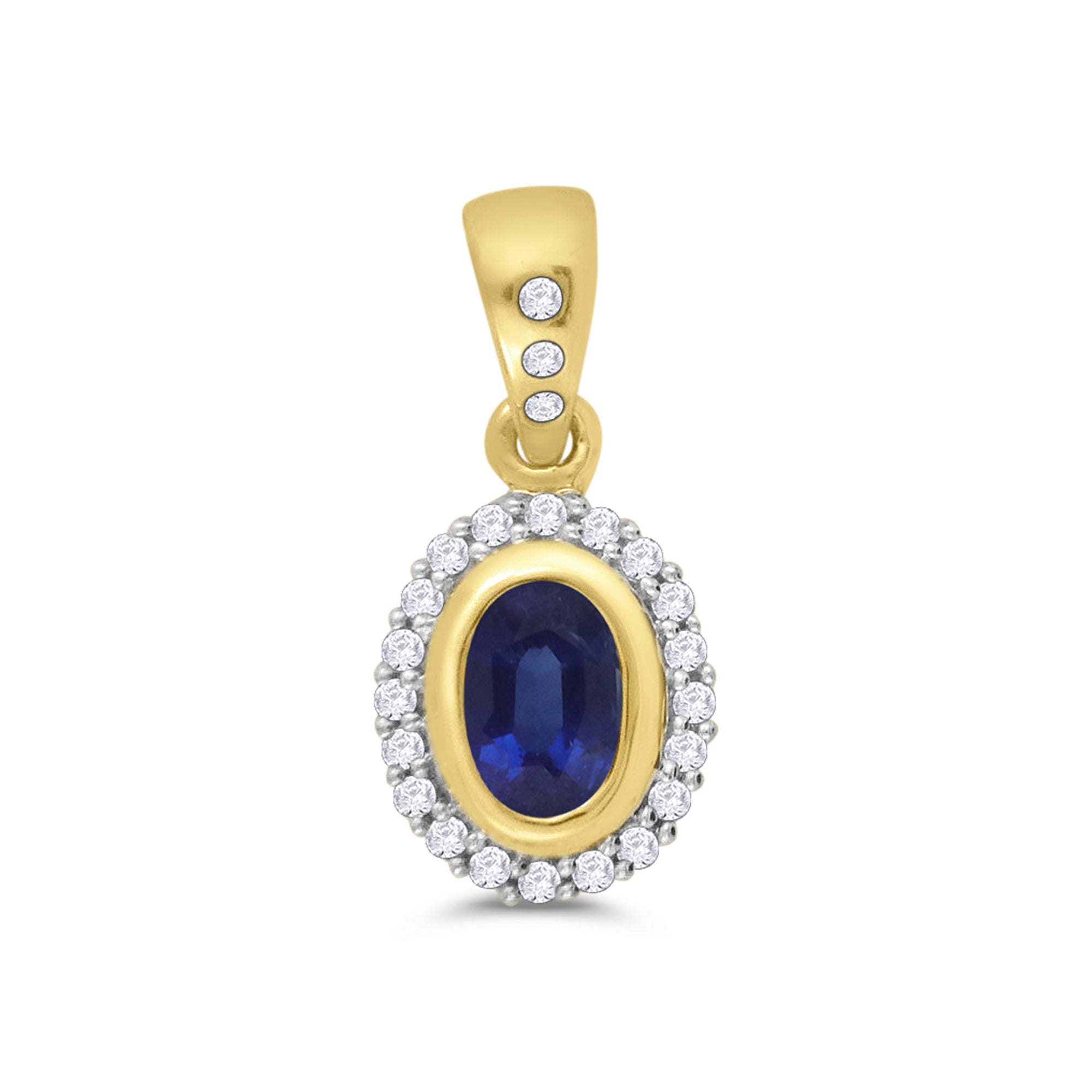 9ct gold 6x4mm rub over set oval sapphire & diamond cluster pendant with diamond set bale 0.12ct