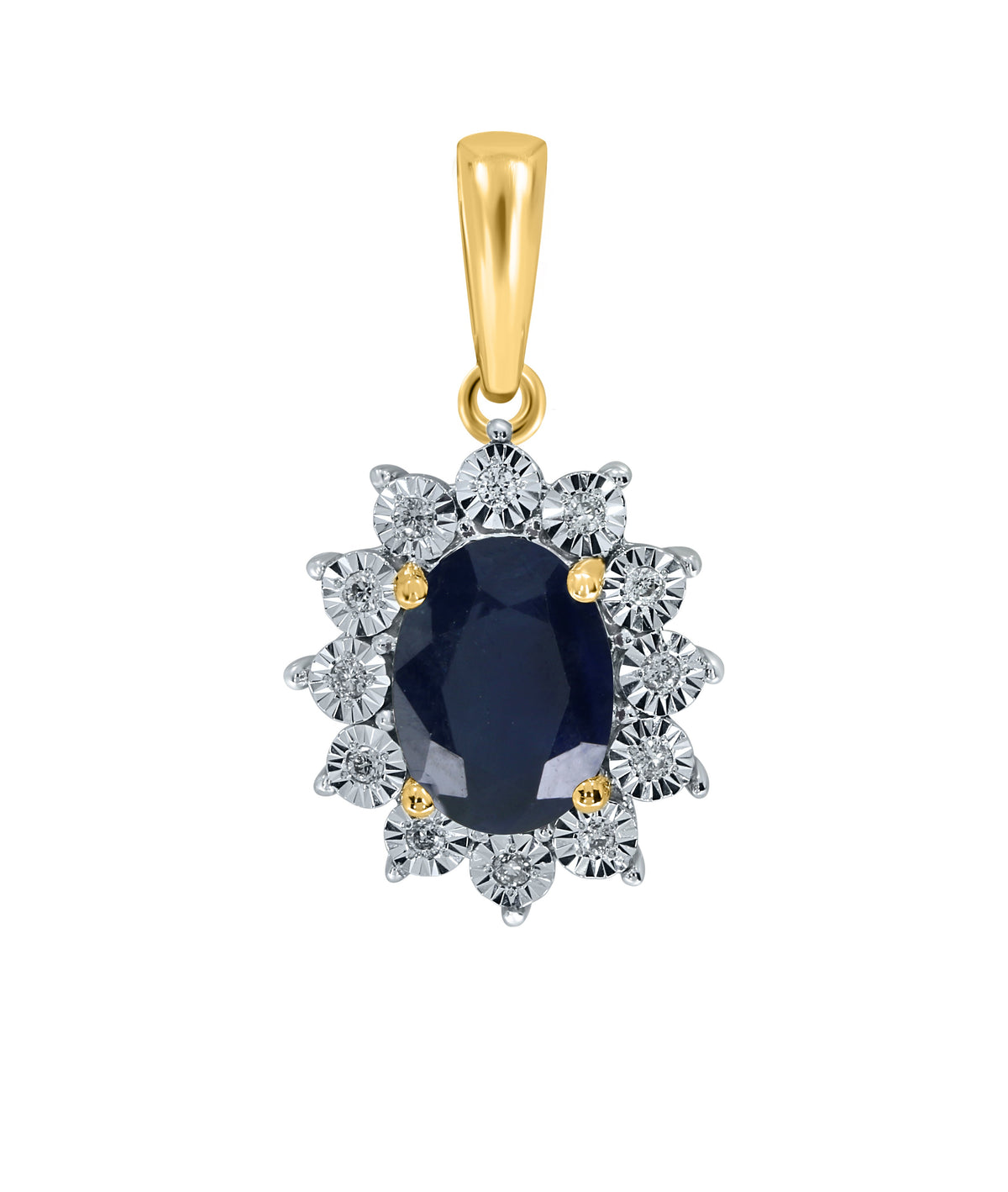 9ct gold 7x5mm oval sapphire &amp; miracle plate diamond cluster pendant 0.04ct