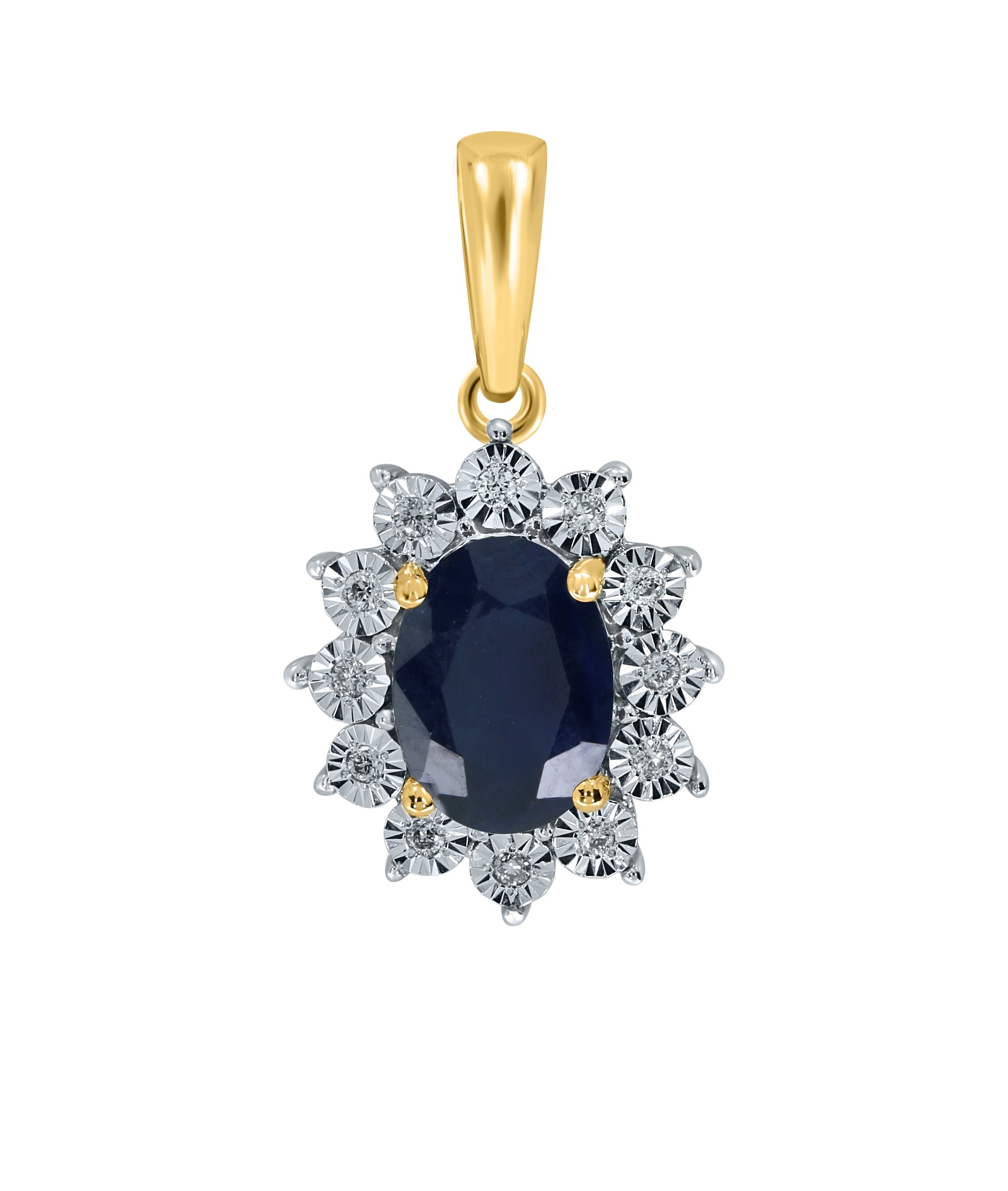 9ct gold 7x5mm oval sapphire & miracle plate diamond cluster pendant 0.04ct