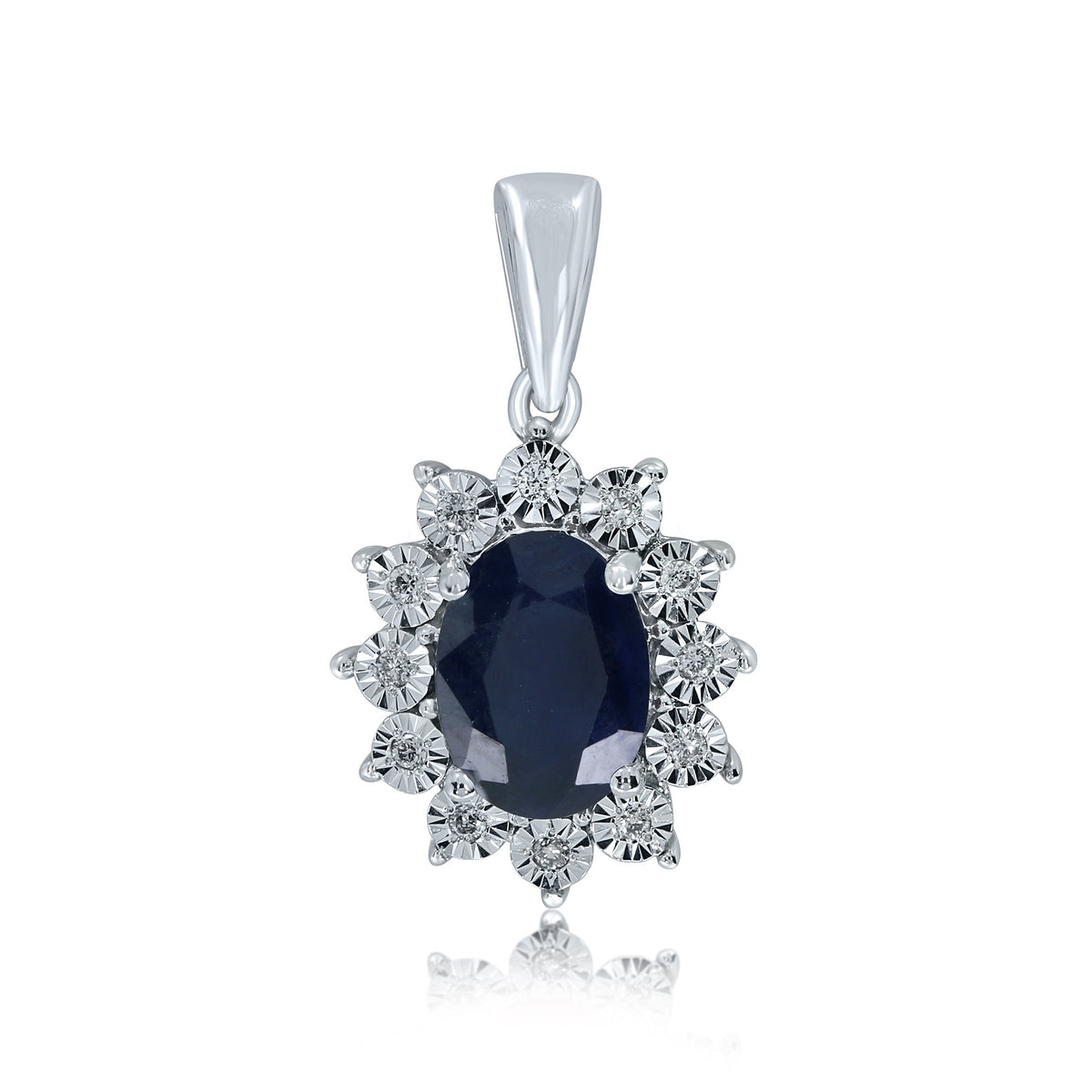 9ct white gold 7x5mm oval sapphire &amp; miracle plate diamond cluster pendant 0.04ct