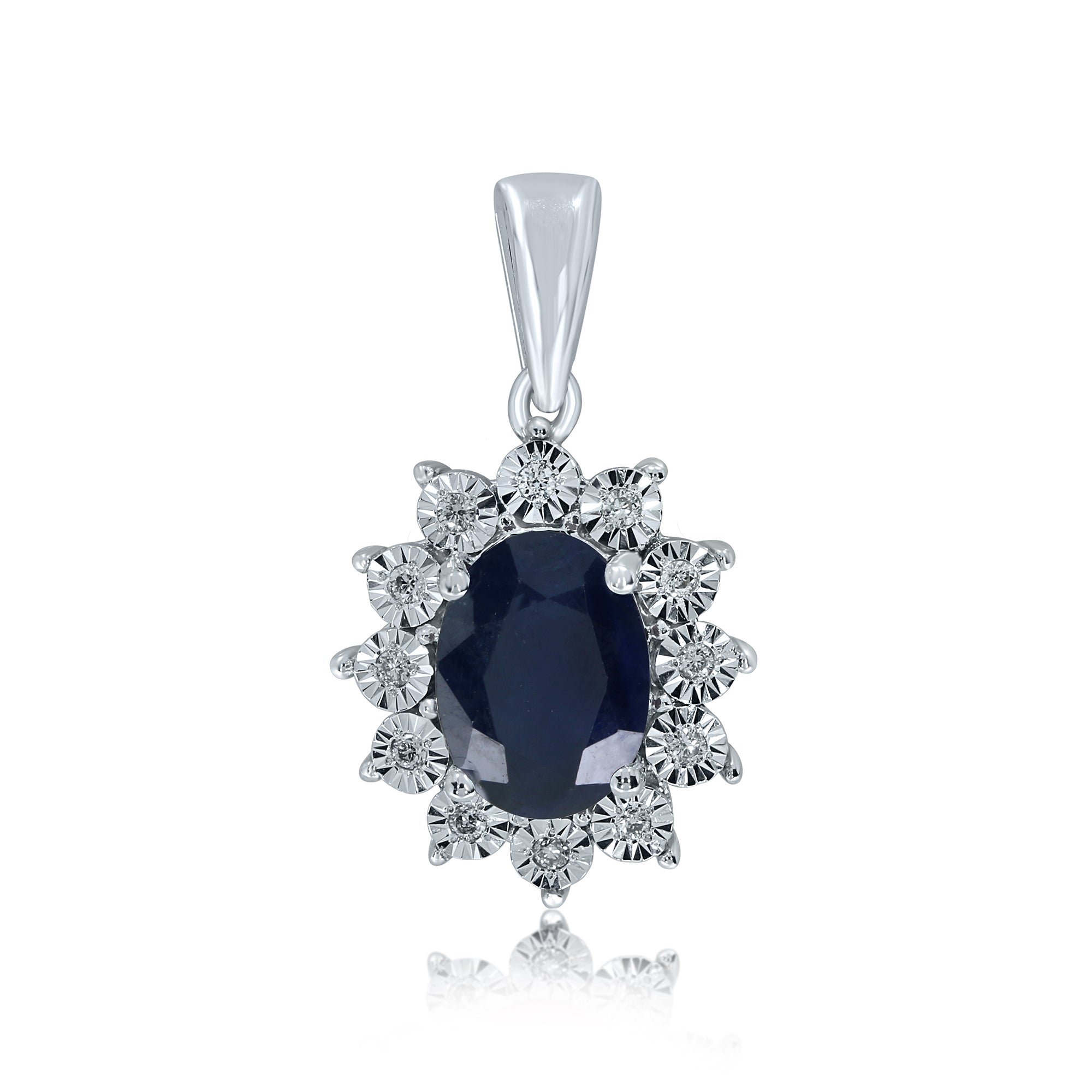 9ct white gold 7x5mm oval sapphire & miracle plate diamond cluster pendant 0.04ct