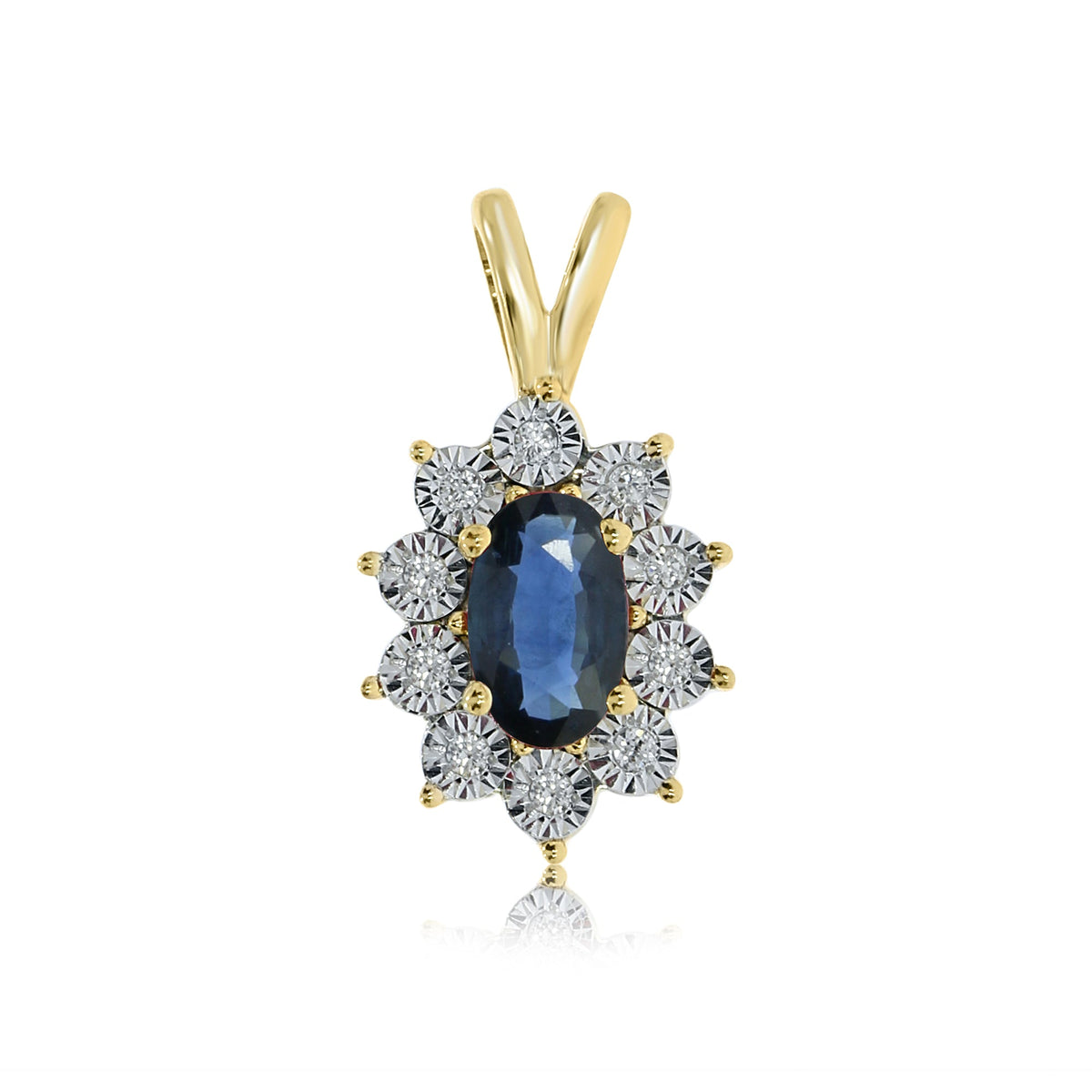 9ct gold 5x3mm oval sapphire &amp; miracle plate diamond cluster pendant 0.03ct
