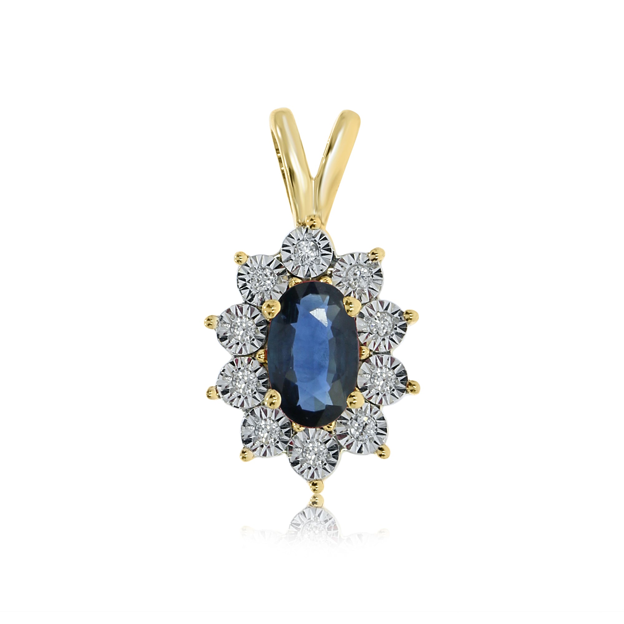 9ct gold 5x3mm oval sapphire & miracle plate diamond cluster pendant 0.03ct
