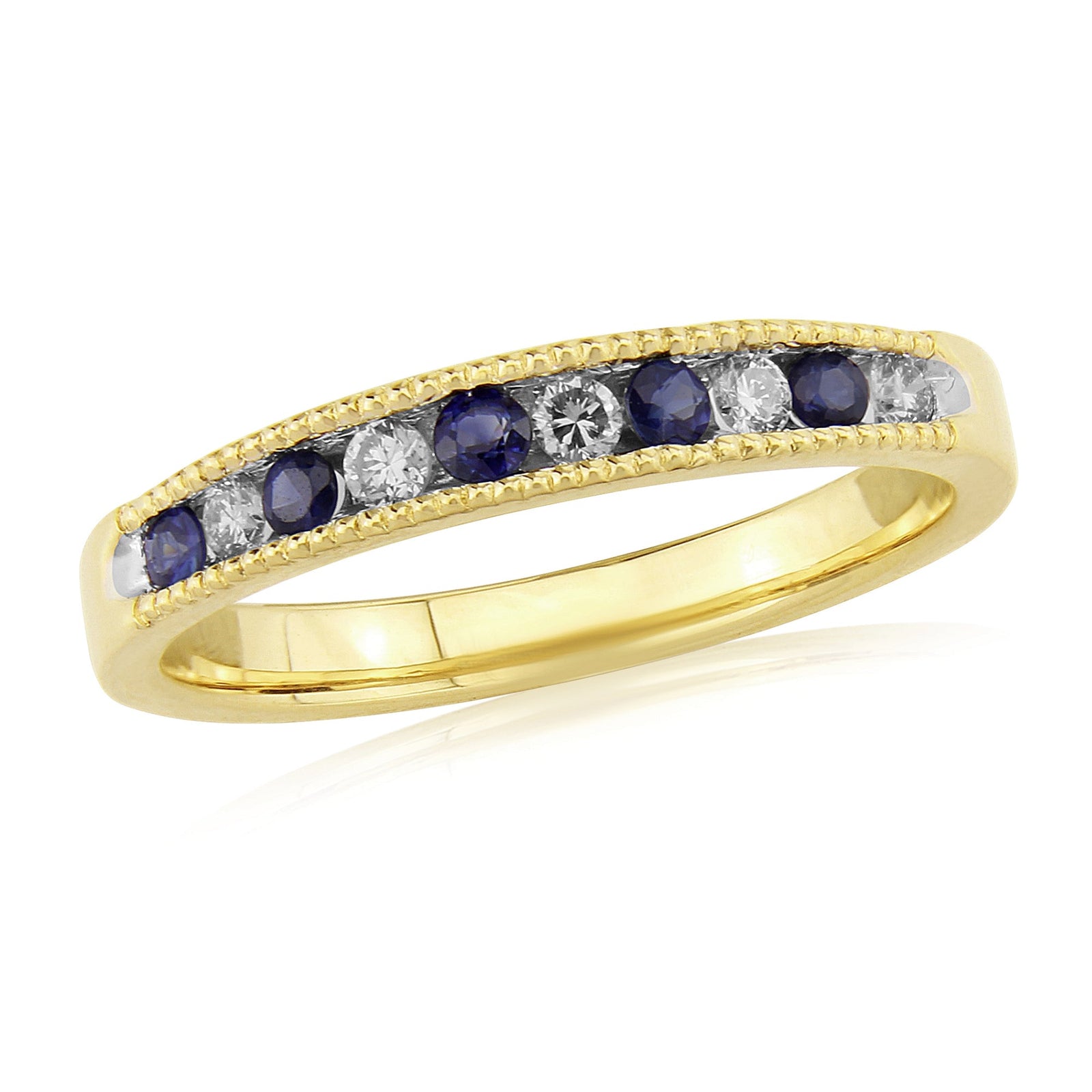 9ct white gold 2mm round machine cut milgrain edge sapphire & diamond half eternity ring 0.13ct