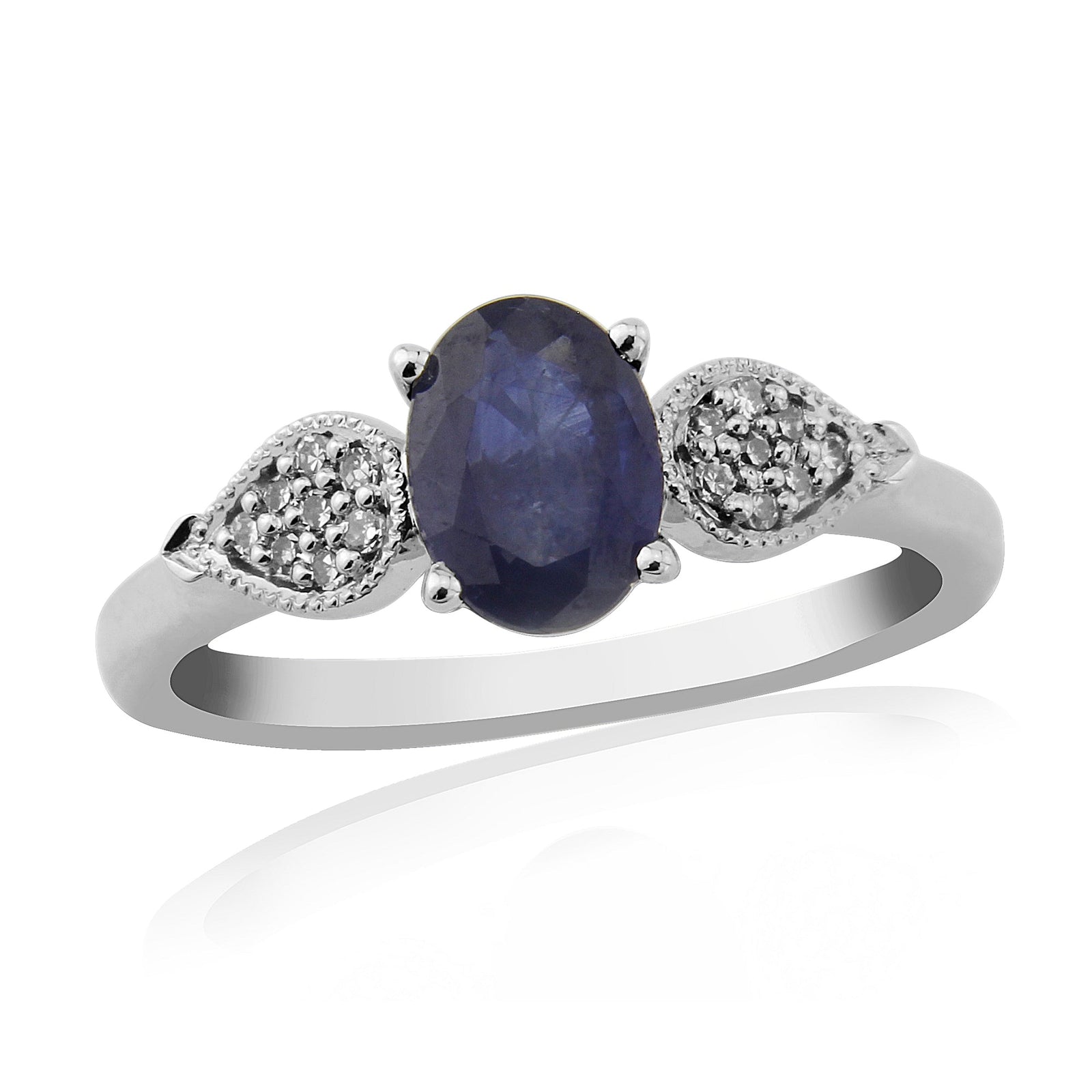 9ct white gold oval 7x5mm sapphire & diamond cluster set shoulder ring 0.22ct