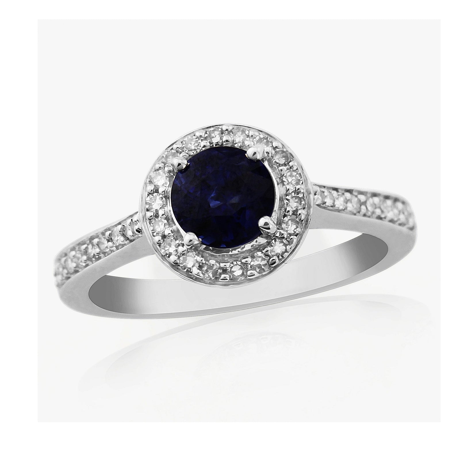 9ct white gold 5.50mm round sapphire & diamond cluster ring with diamond shoulders 0.21ct