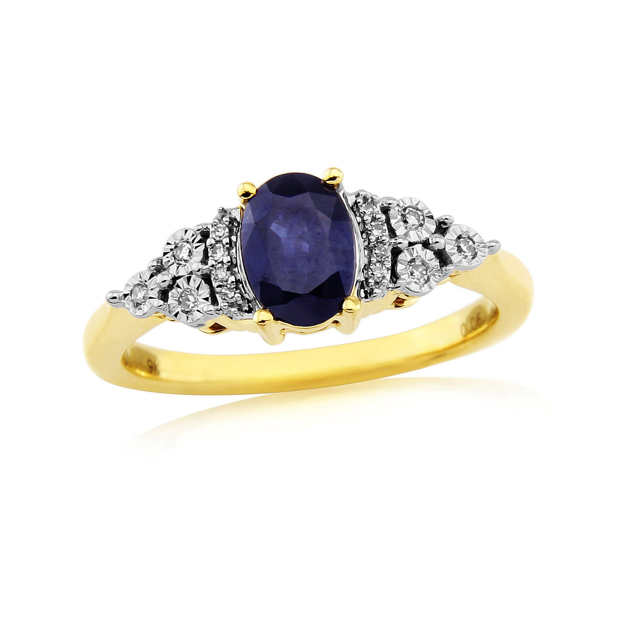 9ct gold 7x5mm oval sapphire &amp; miracle plate diamond ring 0.06ct