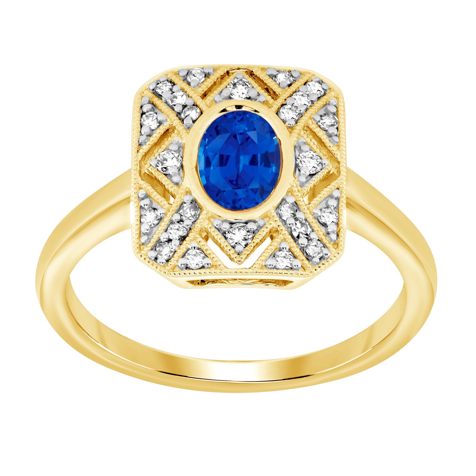 9ct gold 7x5mm oval sapphire & diamond antique style ring 0.17ct