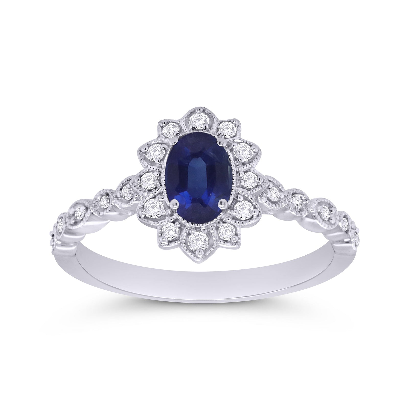 9ct white gold 6x4mm oval sapphire & diamond cluster ring with diamond set shoulders 0.15ct