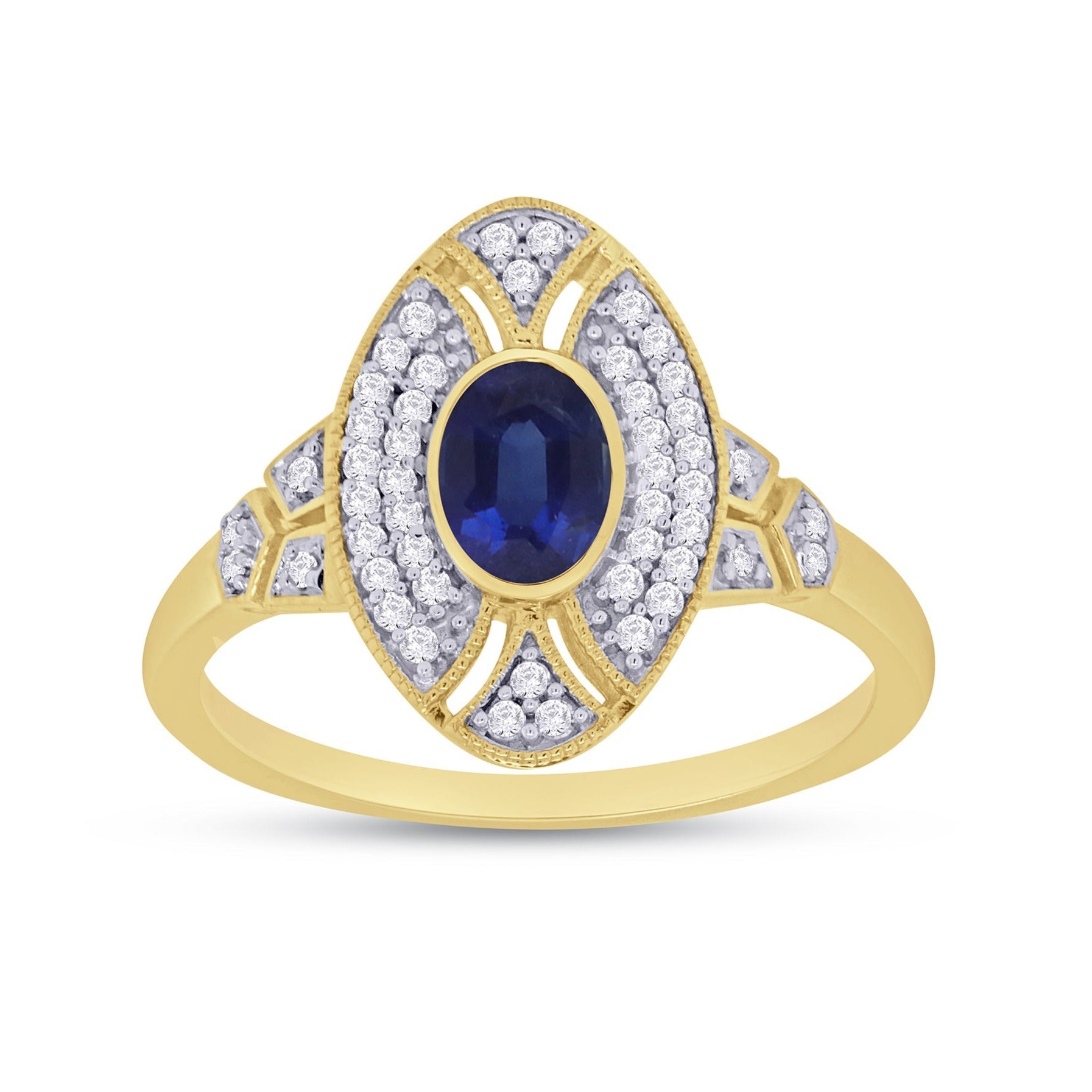 9ct gold 6x4mm oval sapphire & antique style diamond cluster ring 0.18ct