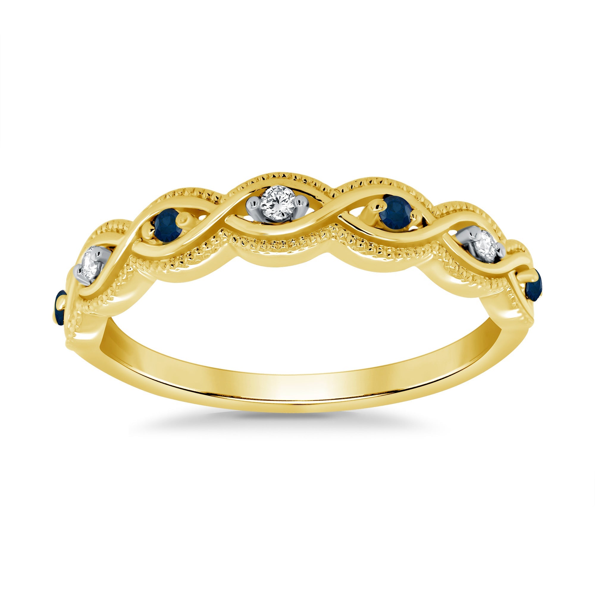 9ct gold sapphire & diamond milgrain edge swirl half eternity ring 0.04ct
