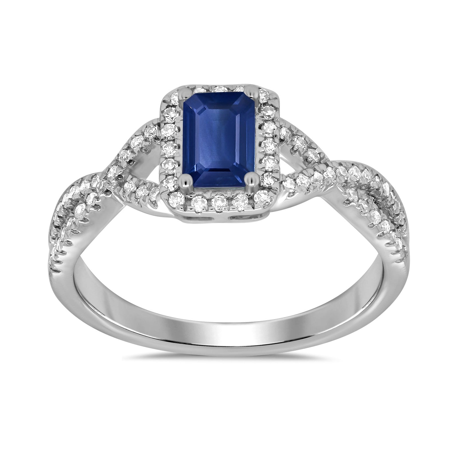 9ct white gold 6x4mm octagon sapphire & diamond cluster ring with diamond set crossover shoulders 0.21ct