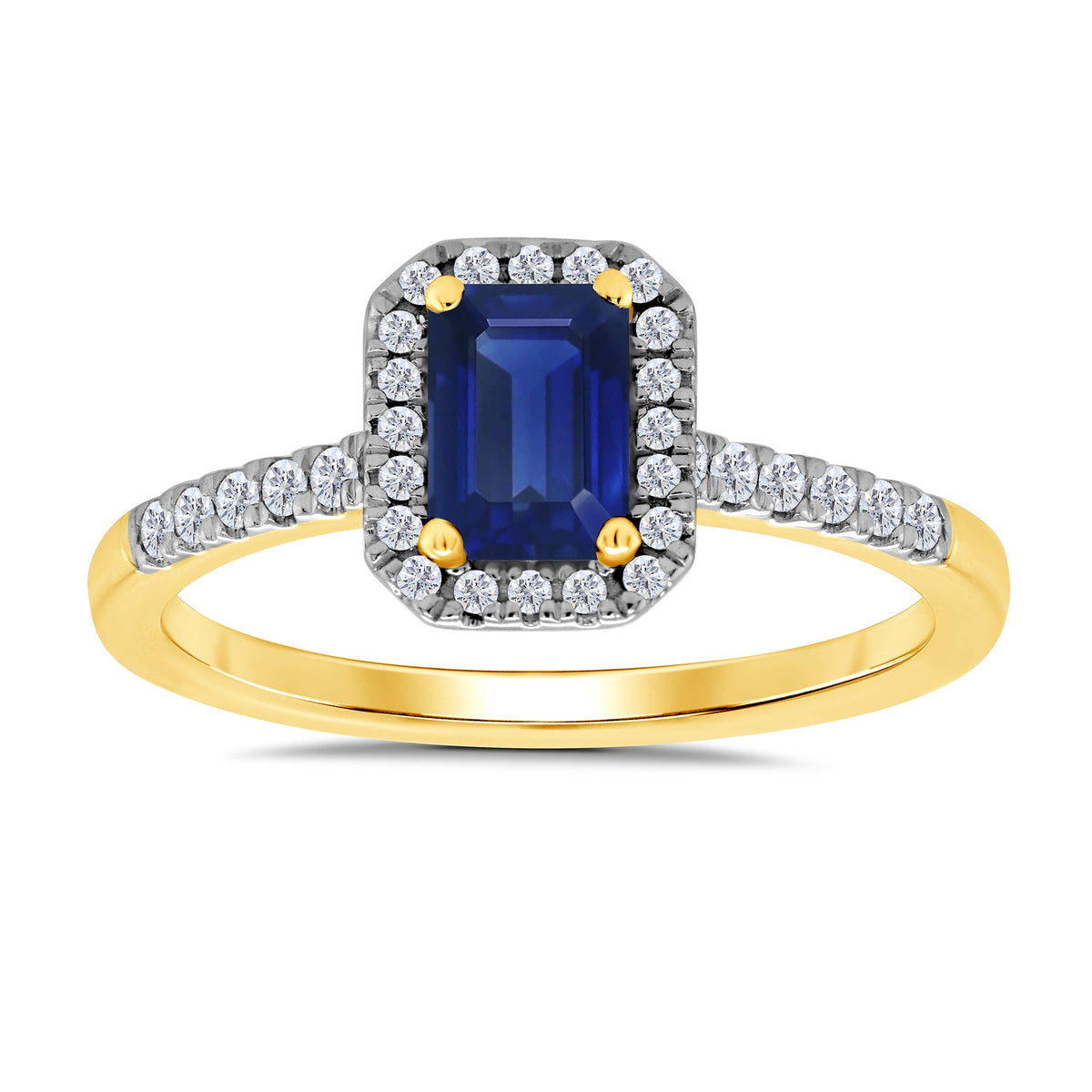9ct gold 6x4mm octagon sapphire &amp; diamond cluster ring with diamond set shoulders 0.20ct