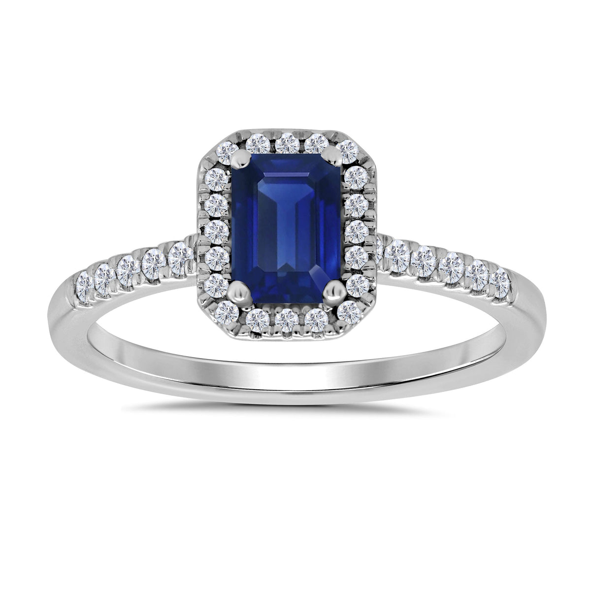 9ct white gold 6x4mm octagon sapphire &amp; diamond cluster ring with diamond set shoulders 0.20ct