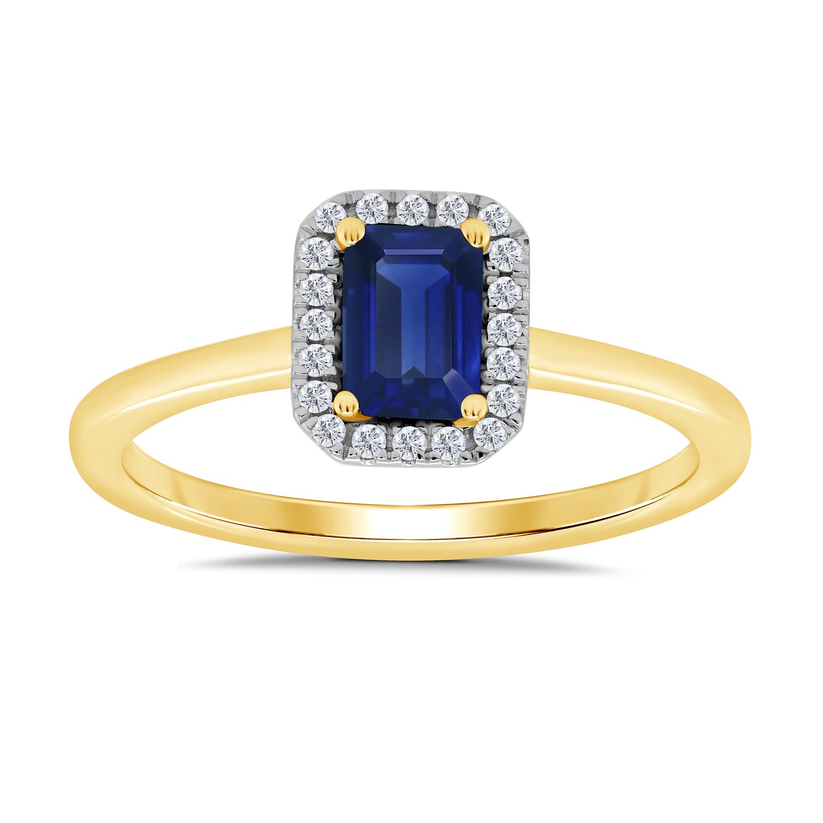 9ct gold 6x4mm octagon cut sapphire & diamond cluster ring 0.10ct