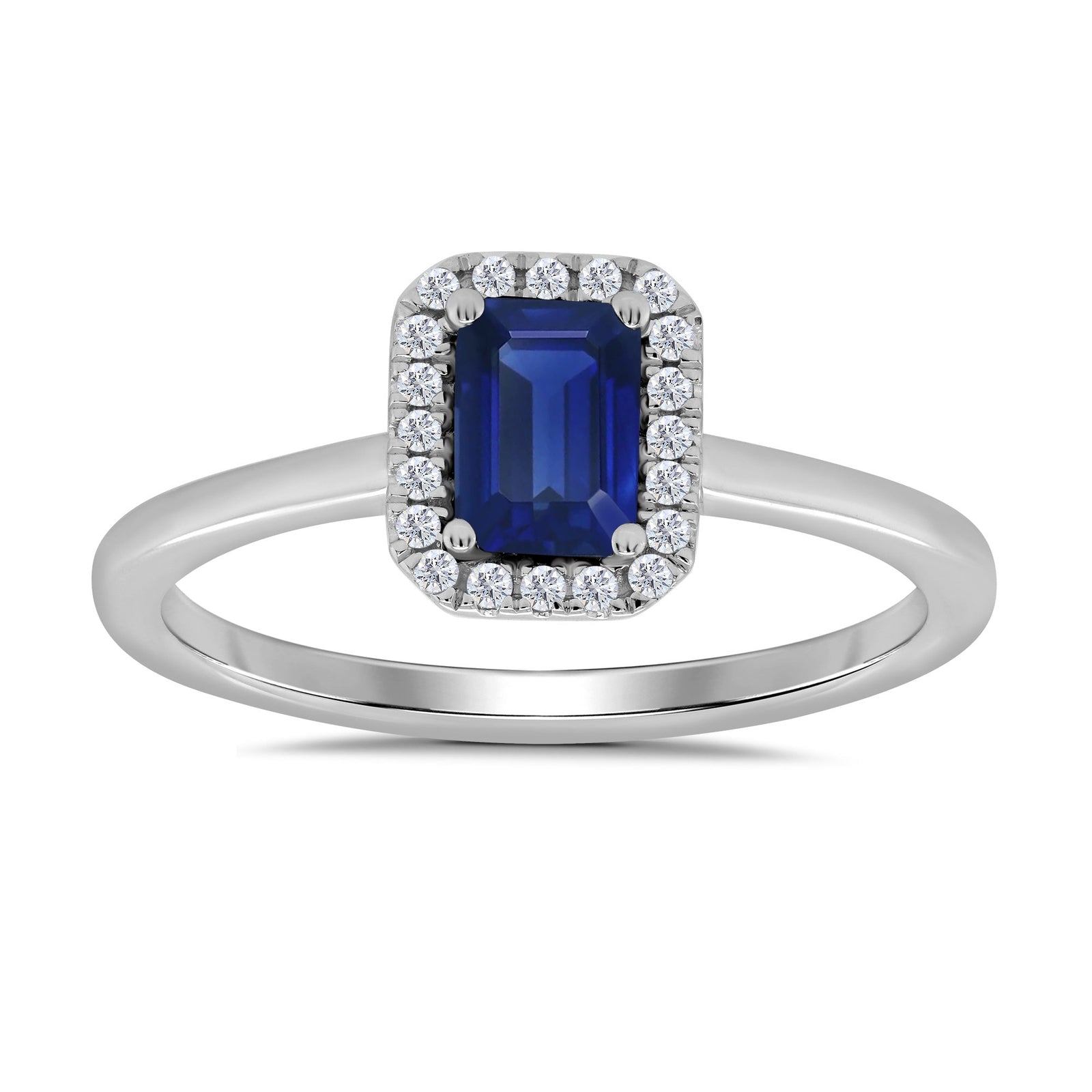 9ct white gold 6x4mm octagon cut sapphire & diamond cluster ring 0.10ct