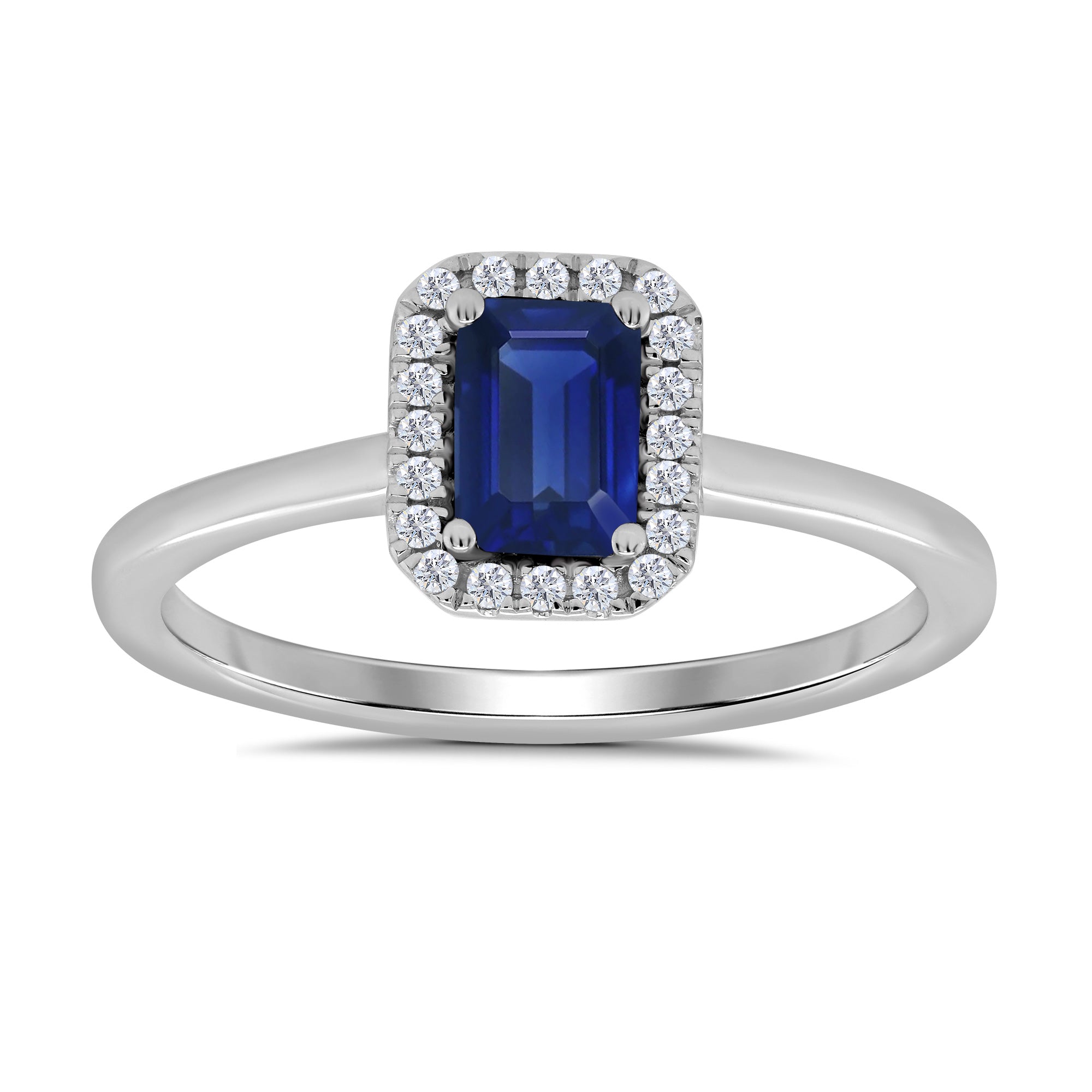 9ct white gold 6x4mm octagon cut sapphire & diamond cluster ring  0.10ct