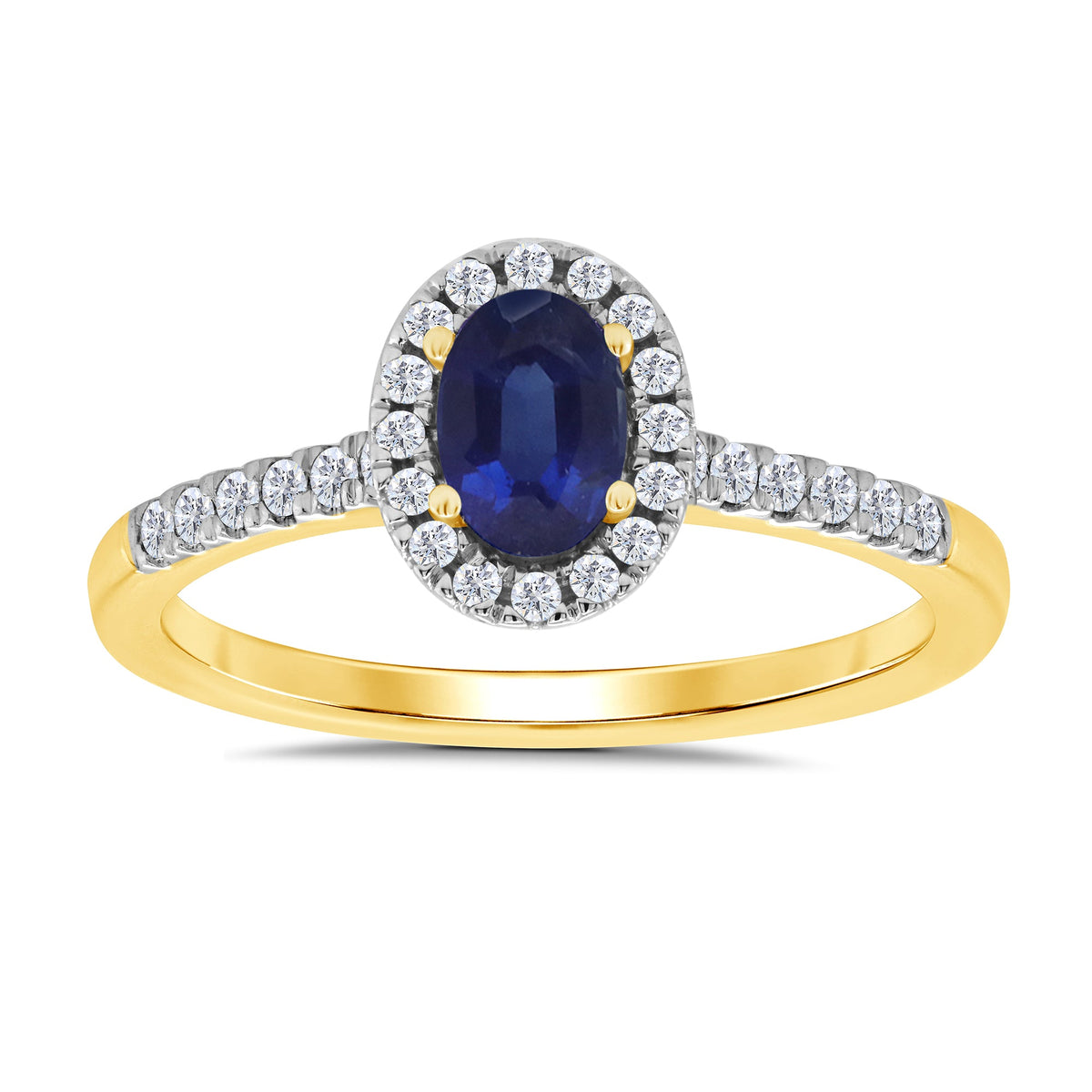 9ct gold 6x4mm oval sapphire &amp; diamond cluster ring with diamond set shoulders 0.20ct