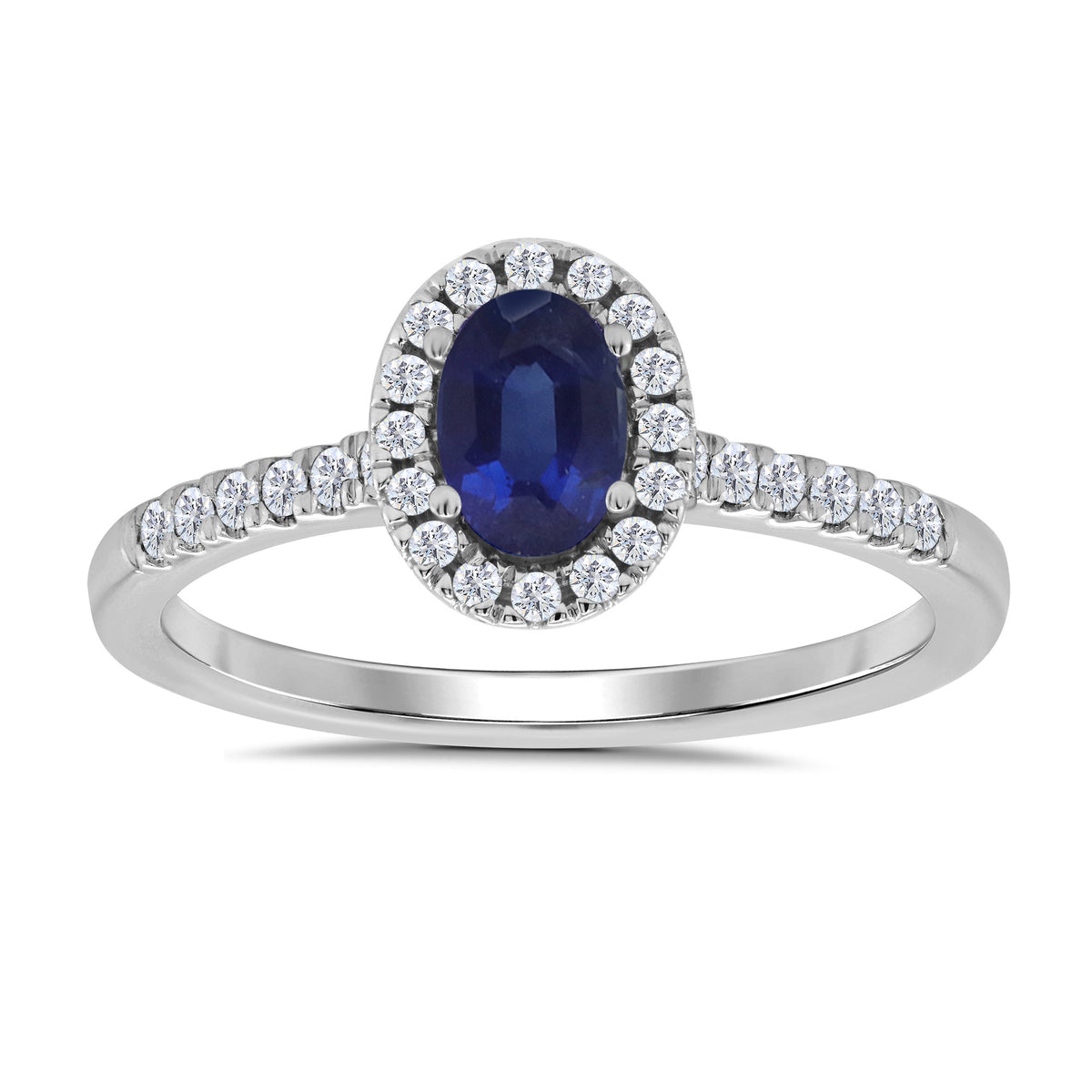 9ct white gold 6x4mm oval sapphire &amp; diamond cluster ring with diamond set shoulders 0.20ct