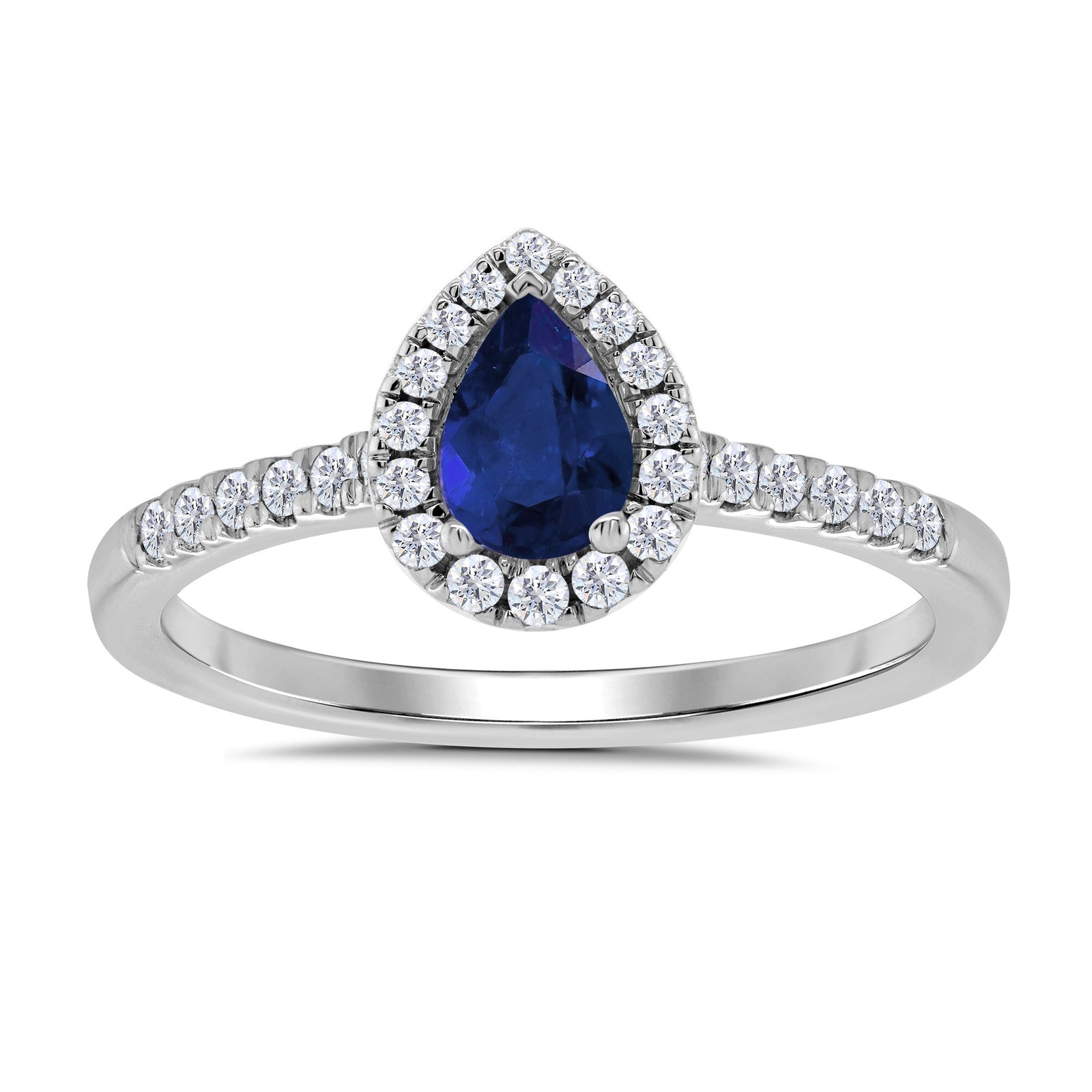 9ct white gold 6x4mm pear shape sapphire & diamond cluster ring with diamond set shoulders 0.20ct