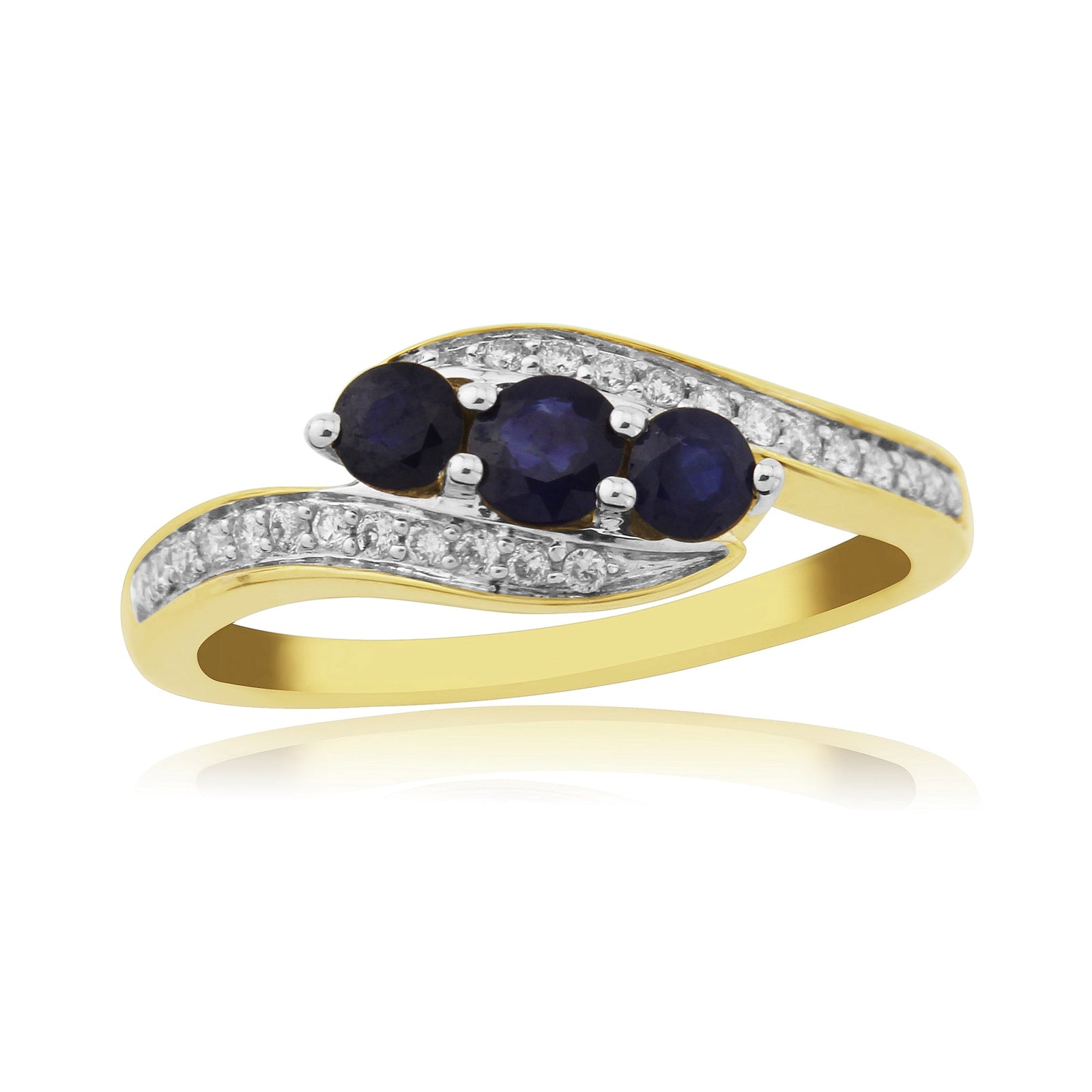 9ct gold three stone sapphire ( 1 x 3.75mm & 2 x 3.25mm) & diamond cross-over ring 0.17ct
