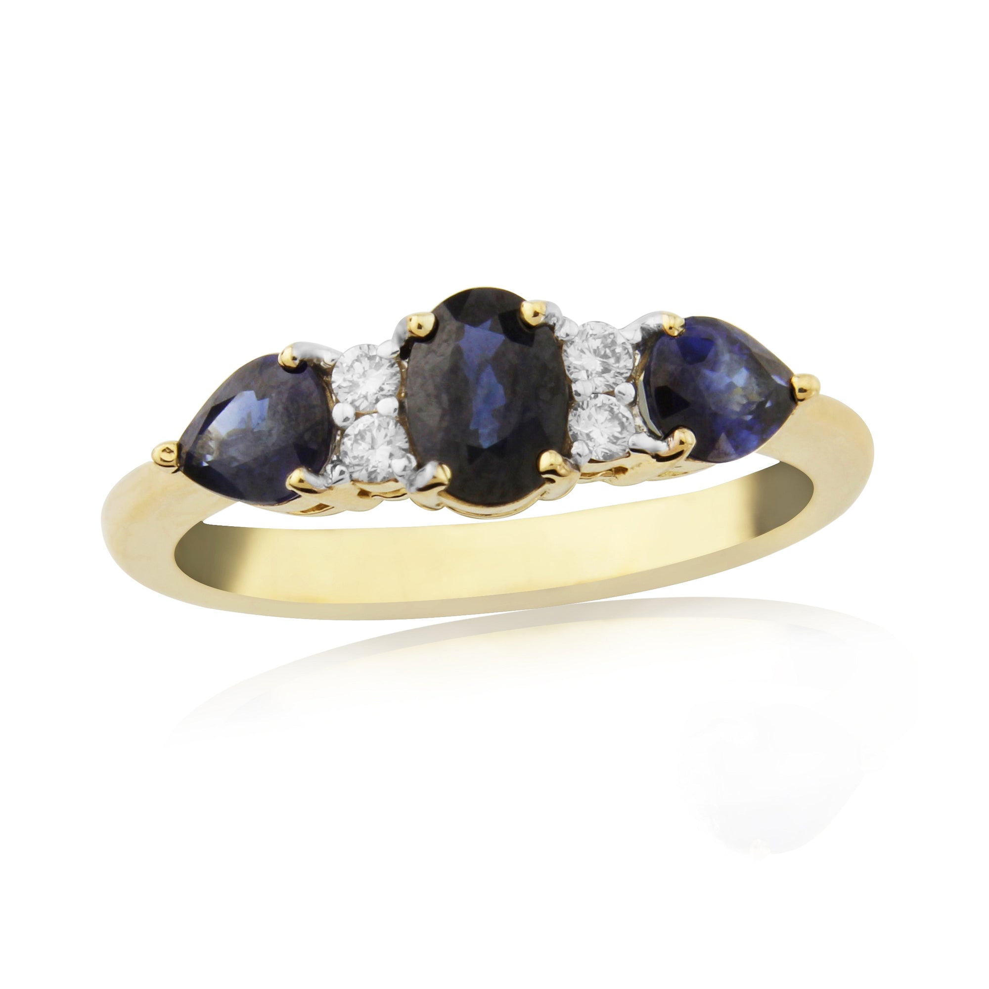 9ct 6x4mm oval sapphire with two 5x4mm pear shape sapphires & diamond ring 0.11ct