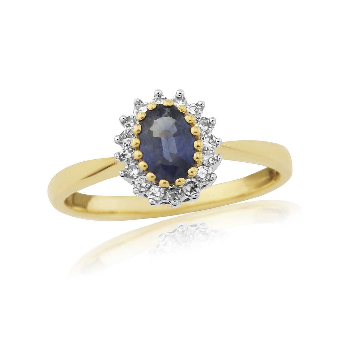 9ct gold 6x4mm oval sapphire &amp; diamond cluster ring 0.12ct