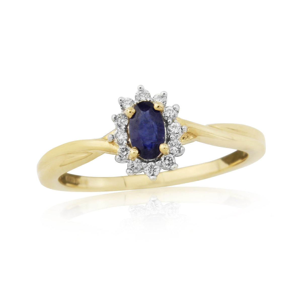 9ct gold 5x3mm oval sapphire &amp; diamond cluster ring with crossover shank 0.11ct