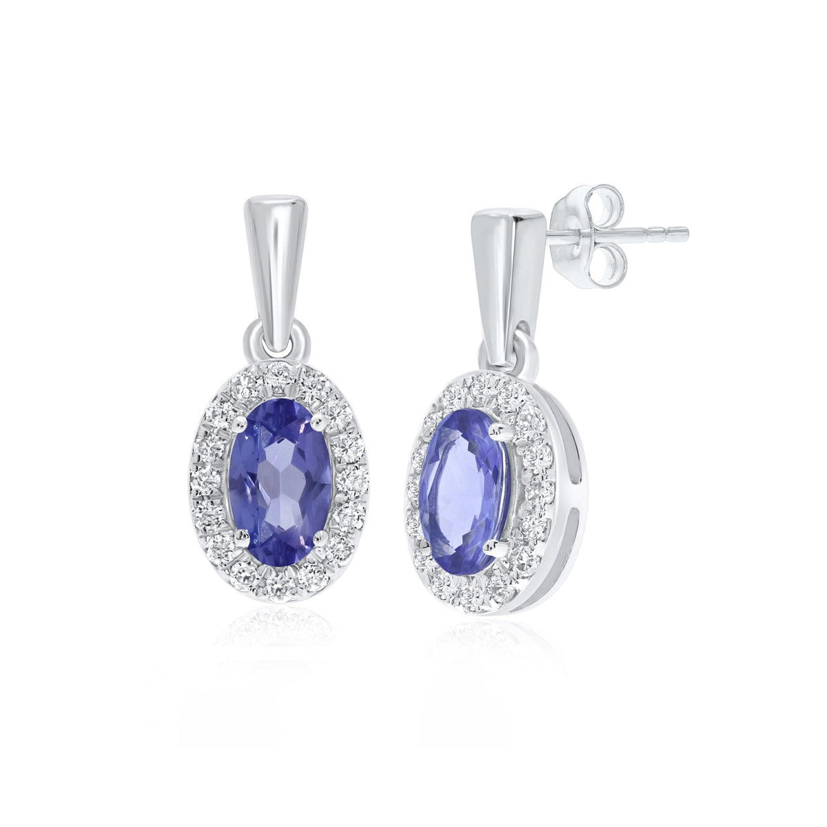 9ct white gold 5x3mm oval tanzanite &amp; diamond cluster drop earrings 0.14ct
