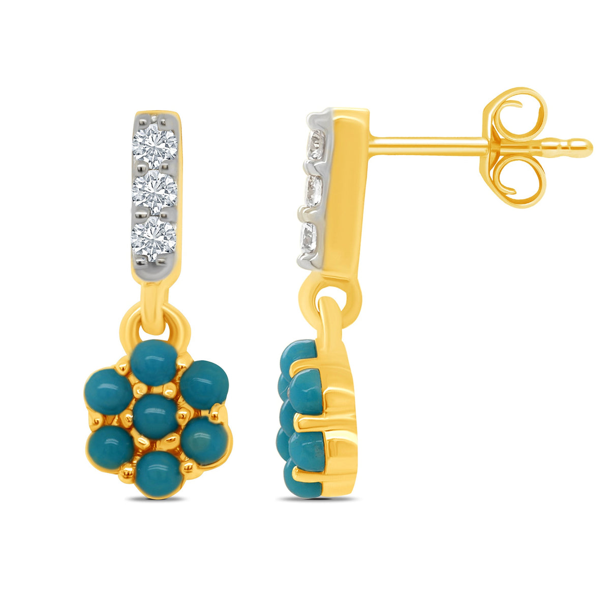 9ct gold 4mm turquoise &amp; diamond drop earrings 0.10ct