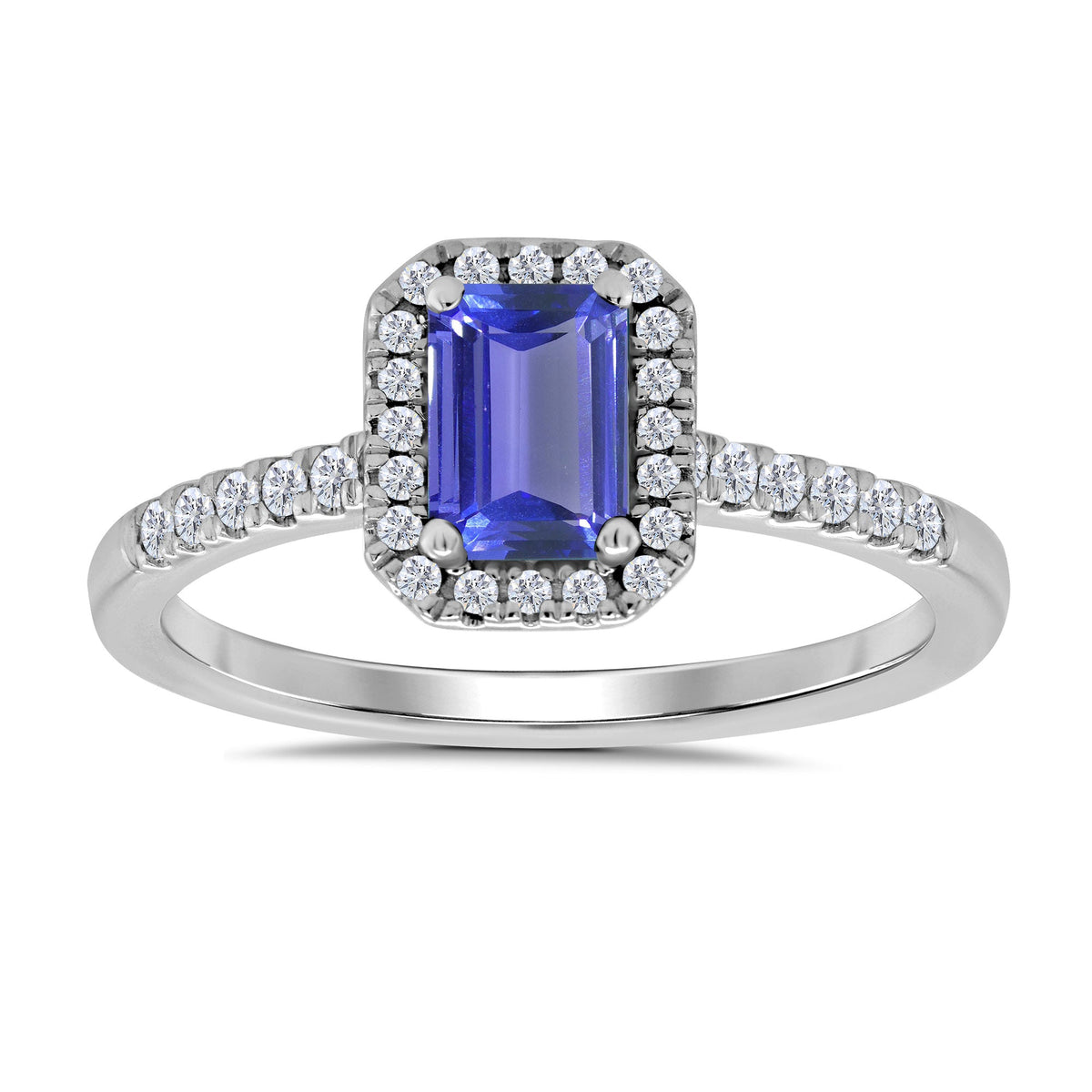 9ct white gold 6x4mm octagon tanzanite &amp; diamond cluster ring with diamond set shoulders 0.20ct
