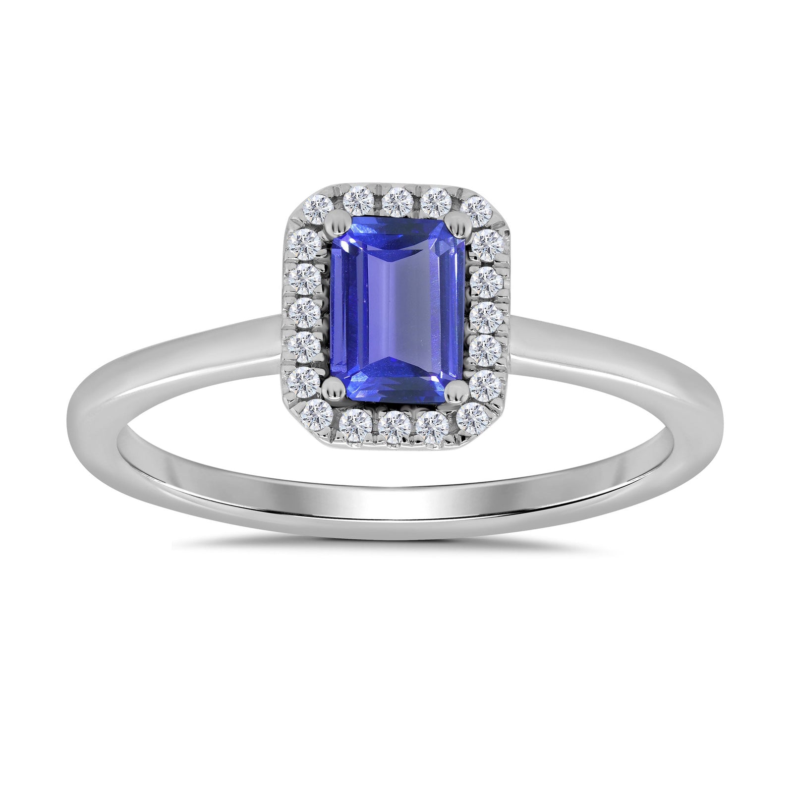9ct white gold 6x4mm octagon cut tanzanite & diamond cluster ring 0.10ct