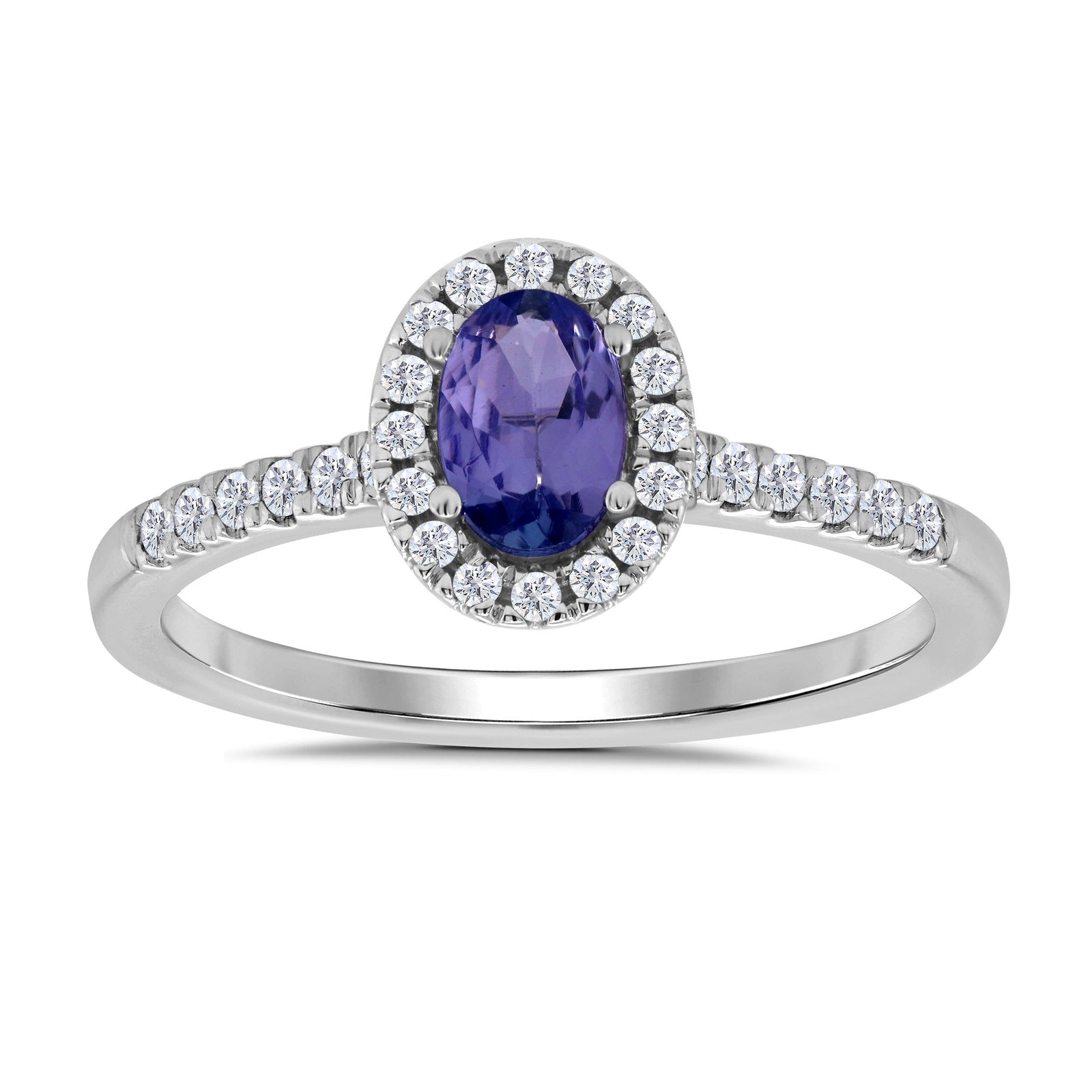 9ct white gold 6x4mm oval tanzanite & diamond cluster ring with diamond set shoulders 0.20ct