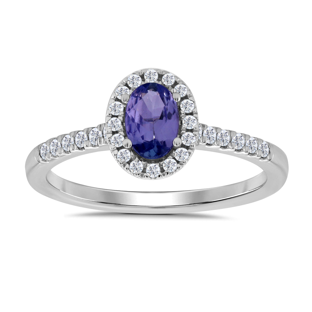 9ct white gold 6x4mm oval tanzanite &amp; diamond cluster ring with diamond set shoulders 0.20ct
