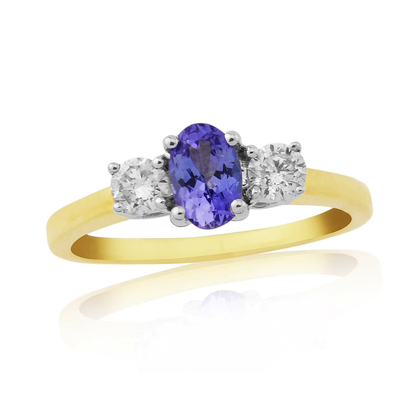9ct gold 6x4mm oval tanzanite & diamond three stone ring 0.24ct