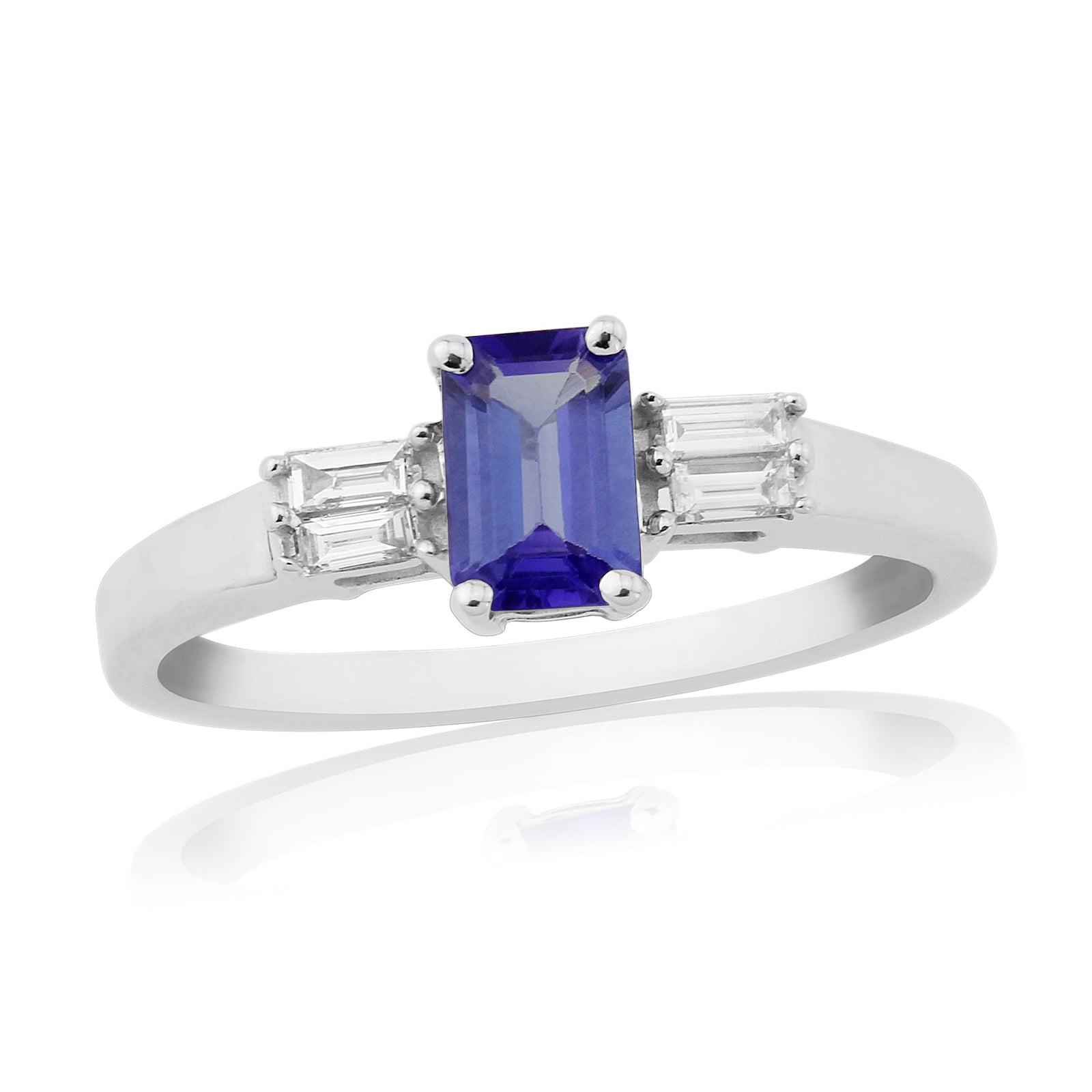 9ct white gold 6x4mm octagon cut tanzanite & baguette diamond shoulders ring 0.12ct