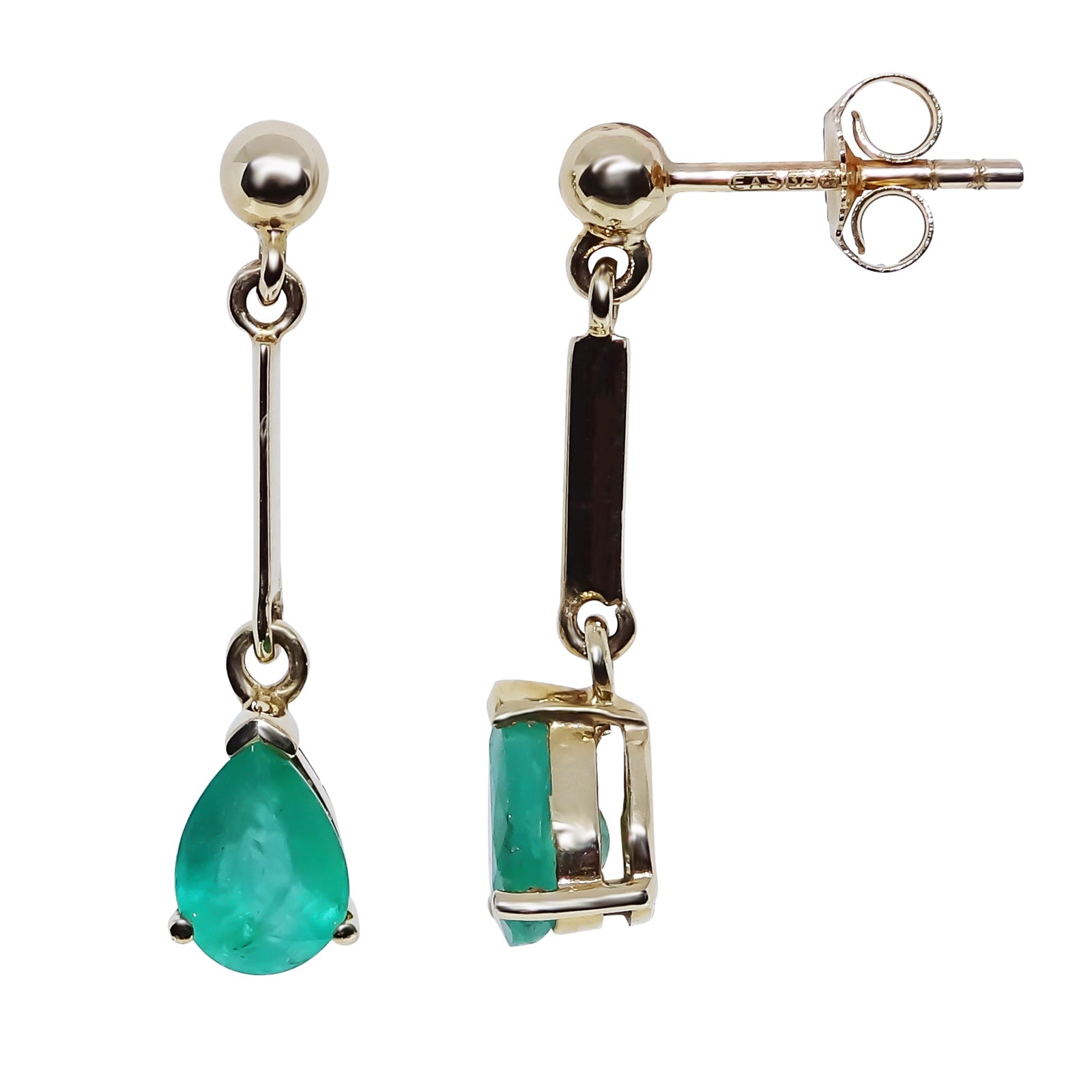 9ct gold plain bar 7x5mm pear shape emerald drop earrings