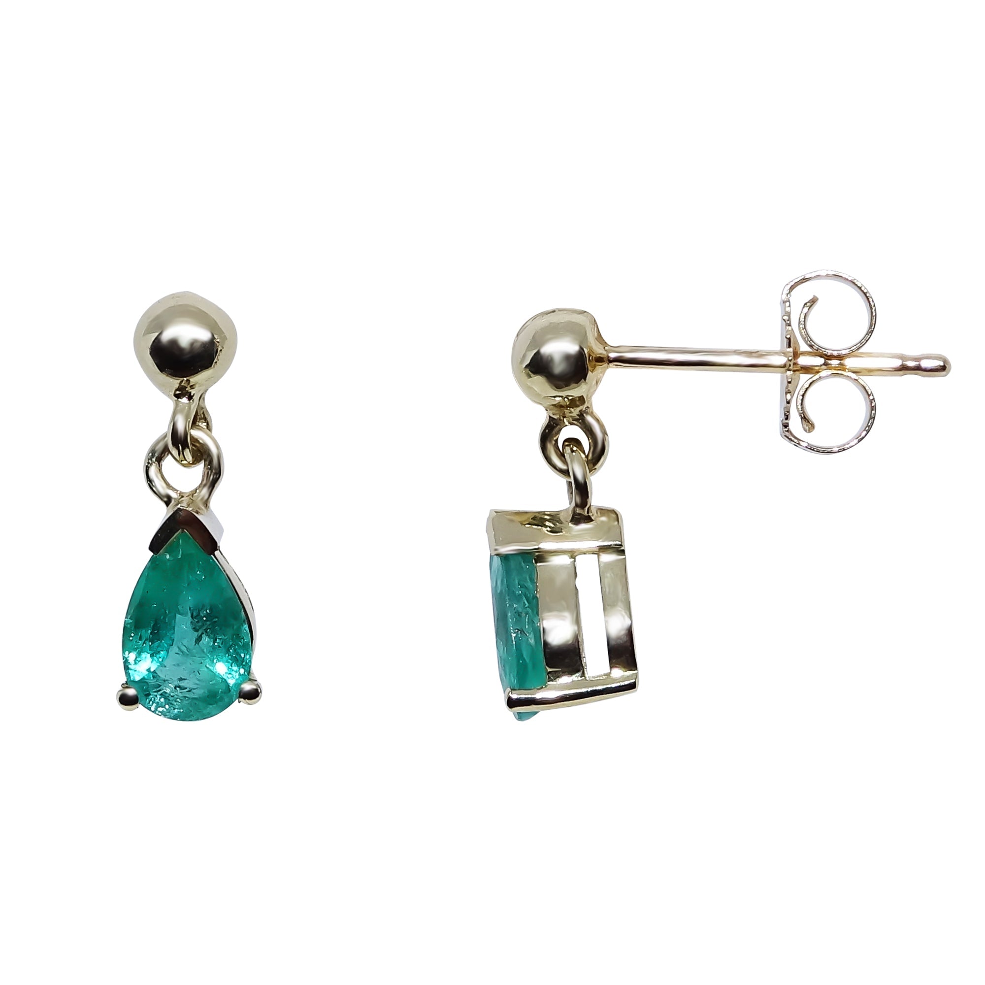 9ct gold 6x4mm pear shape emerald drop earrings