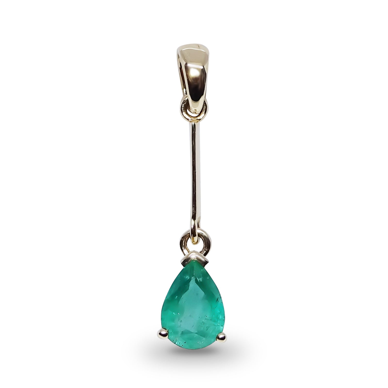 9ct gold plain bar 7x5mm pear shape emerald pendant