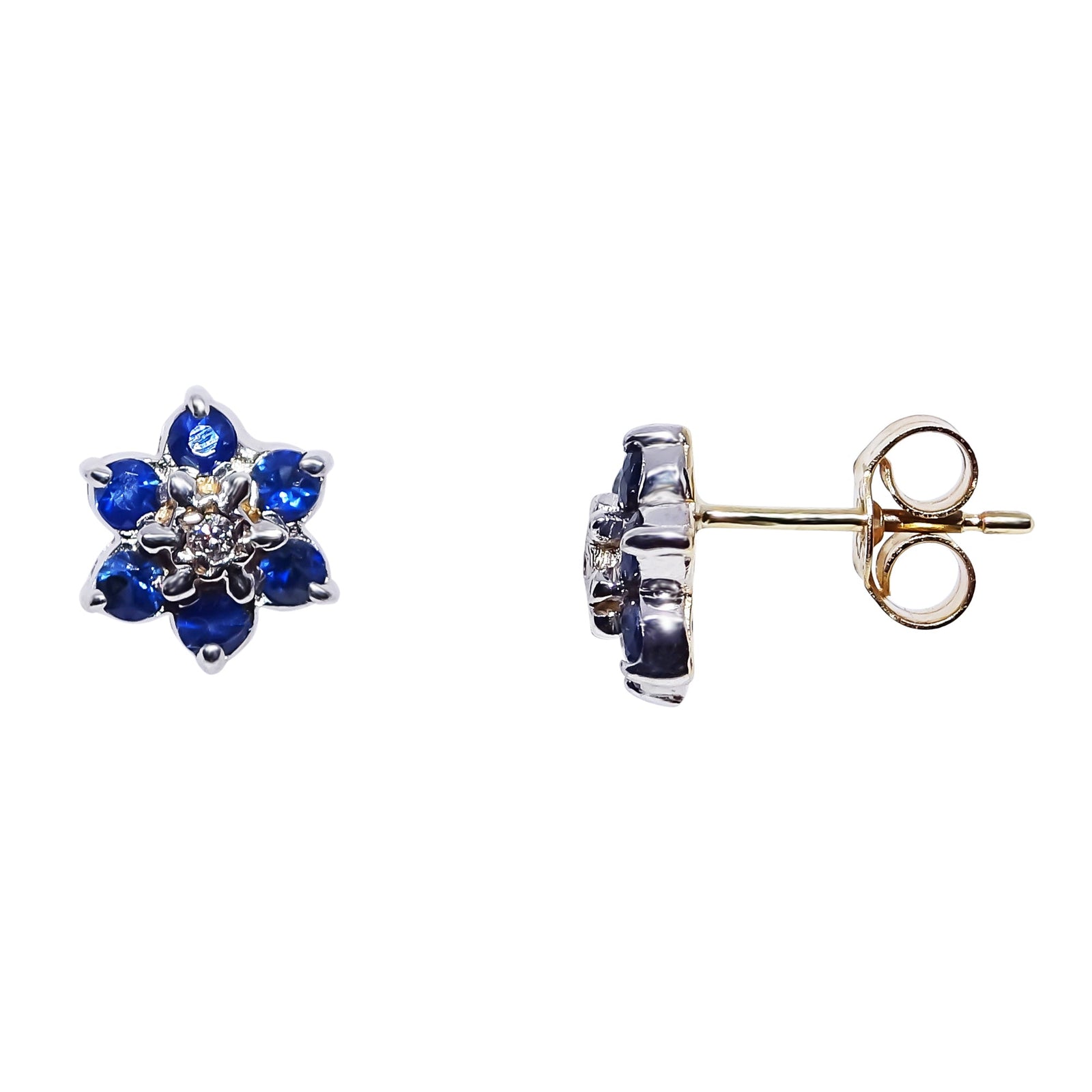 9ct gold 2.20mm sapphire & diamond flower cluster stud earrings