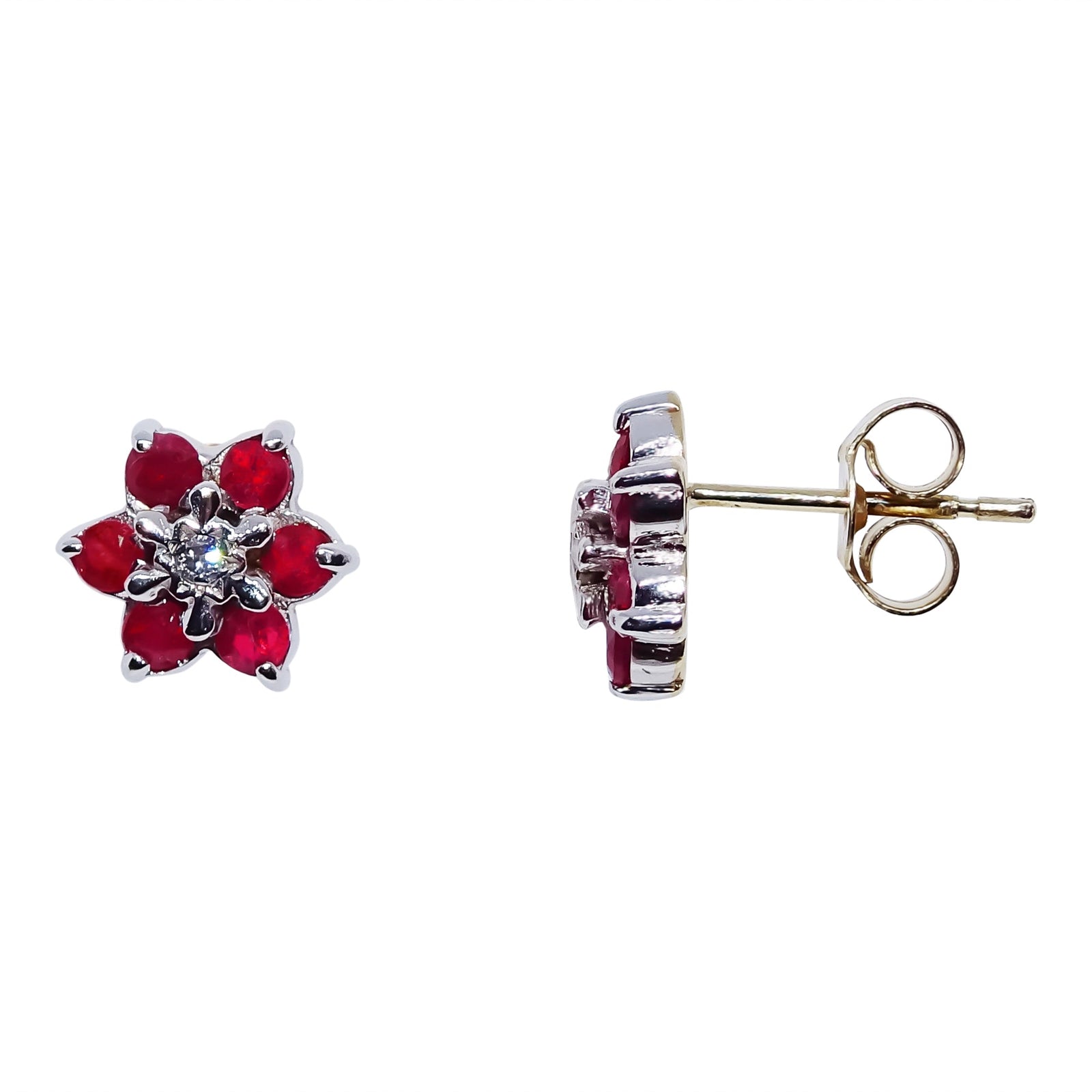 9ct gold 2.20mm ruby & diamond flower cluster stud earrings